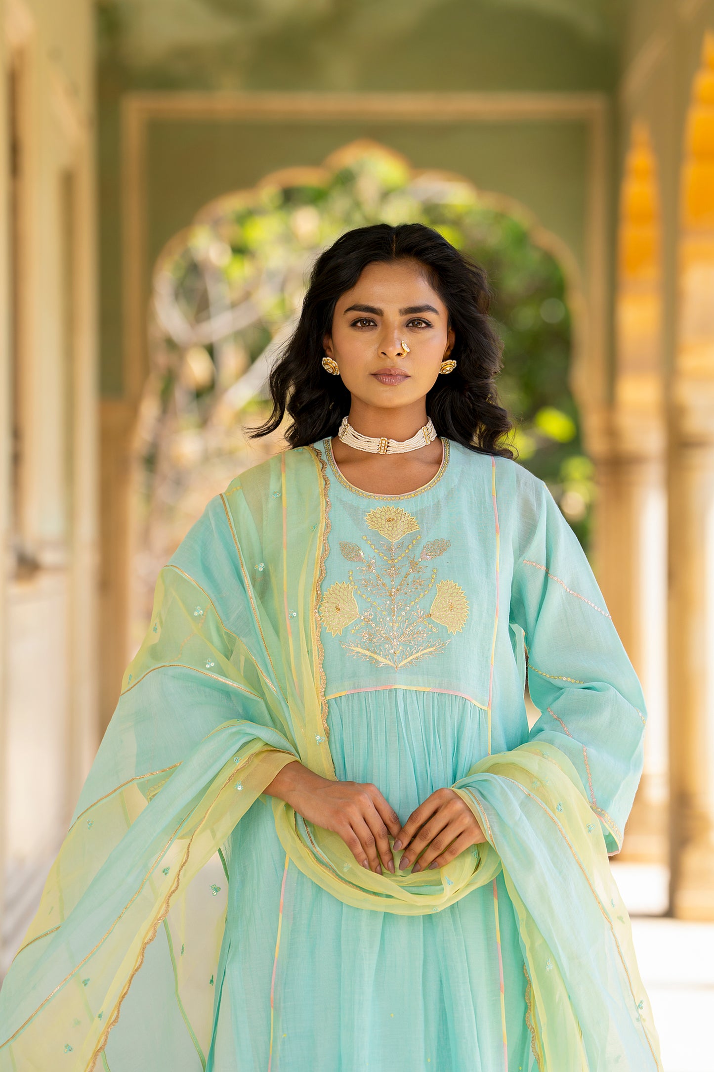Light blue Mul Chanderi Kurta Set with Flower Motif Yoke
