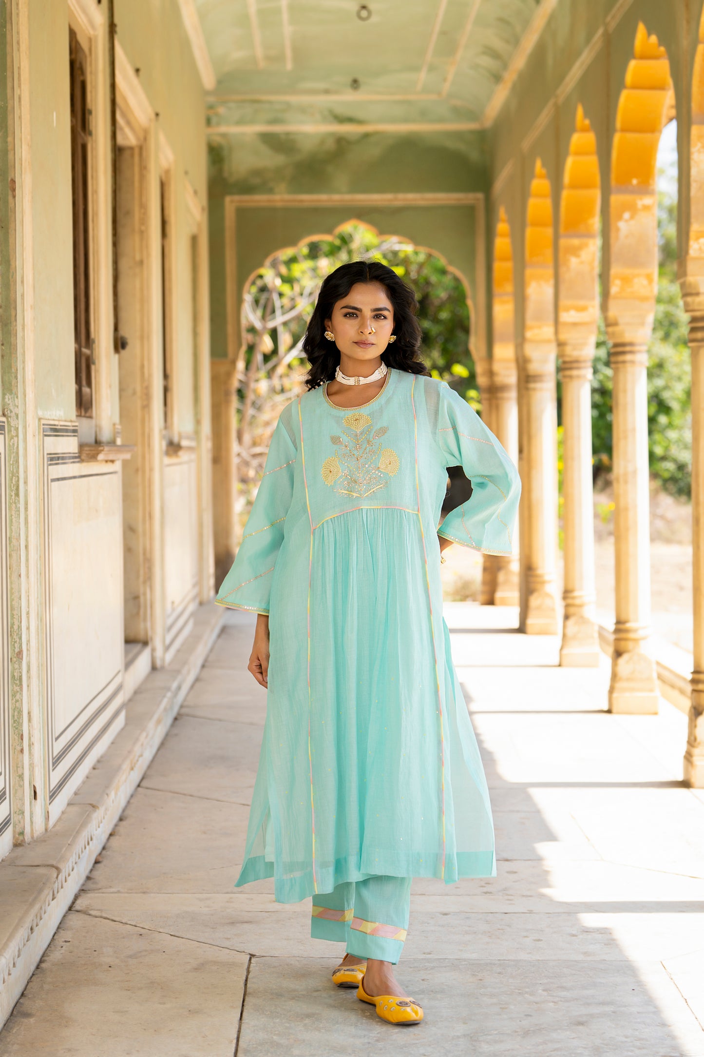 Light blue Mul Chanderi Kurta Set with Flower Motif Yoke