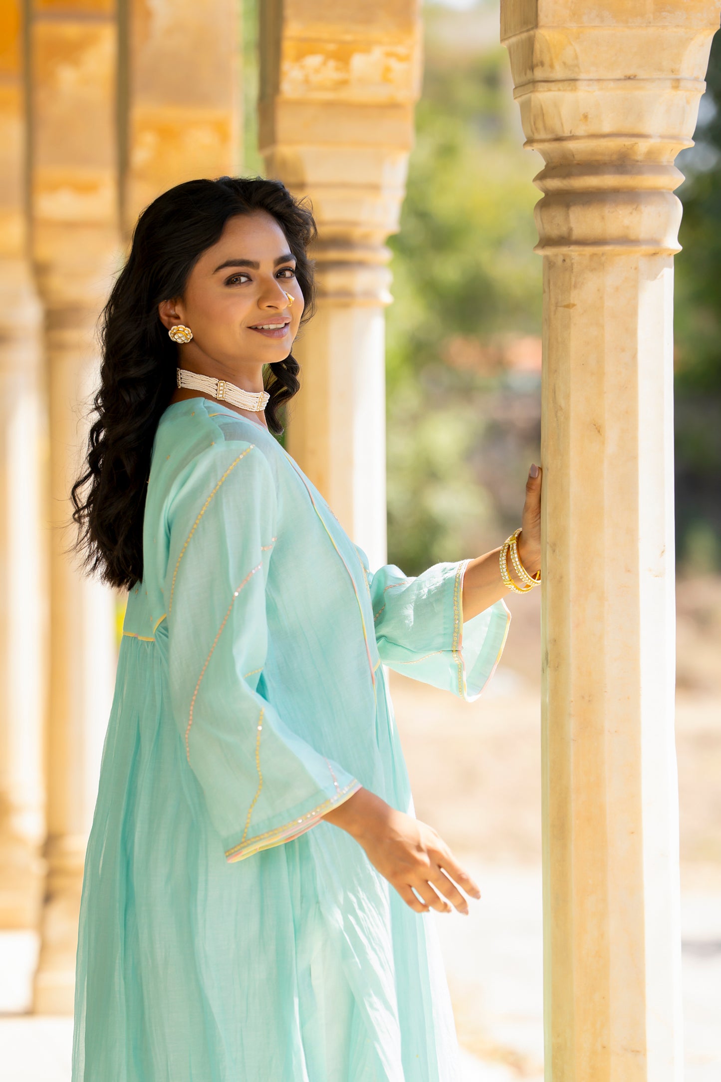 Light blue Mul Chanderi Kurta Set with Flower Motif Yoke