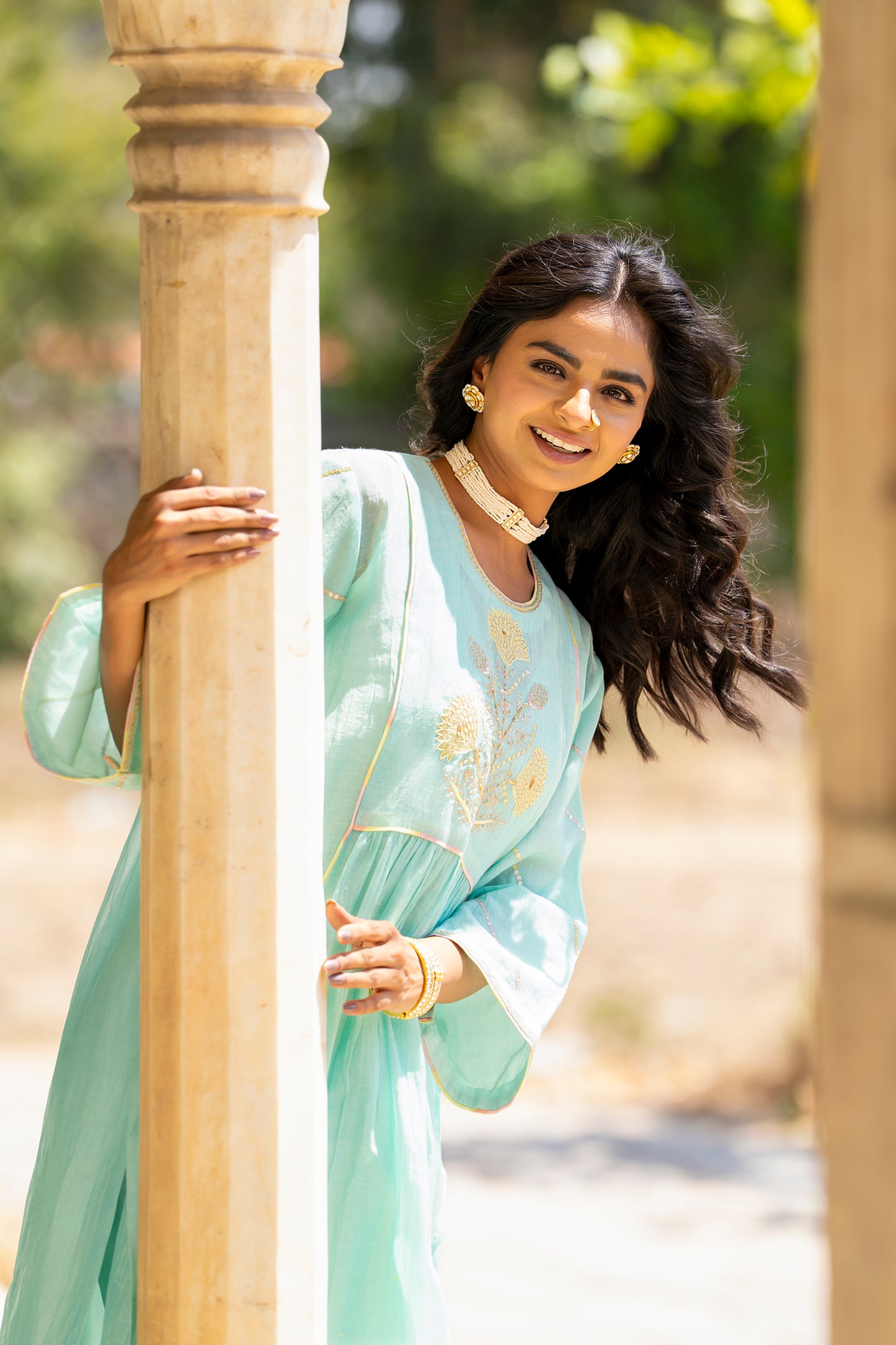 Light blue Mul Chanderi Kurta Set with Flower Motif Yoke