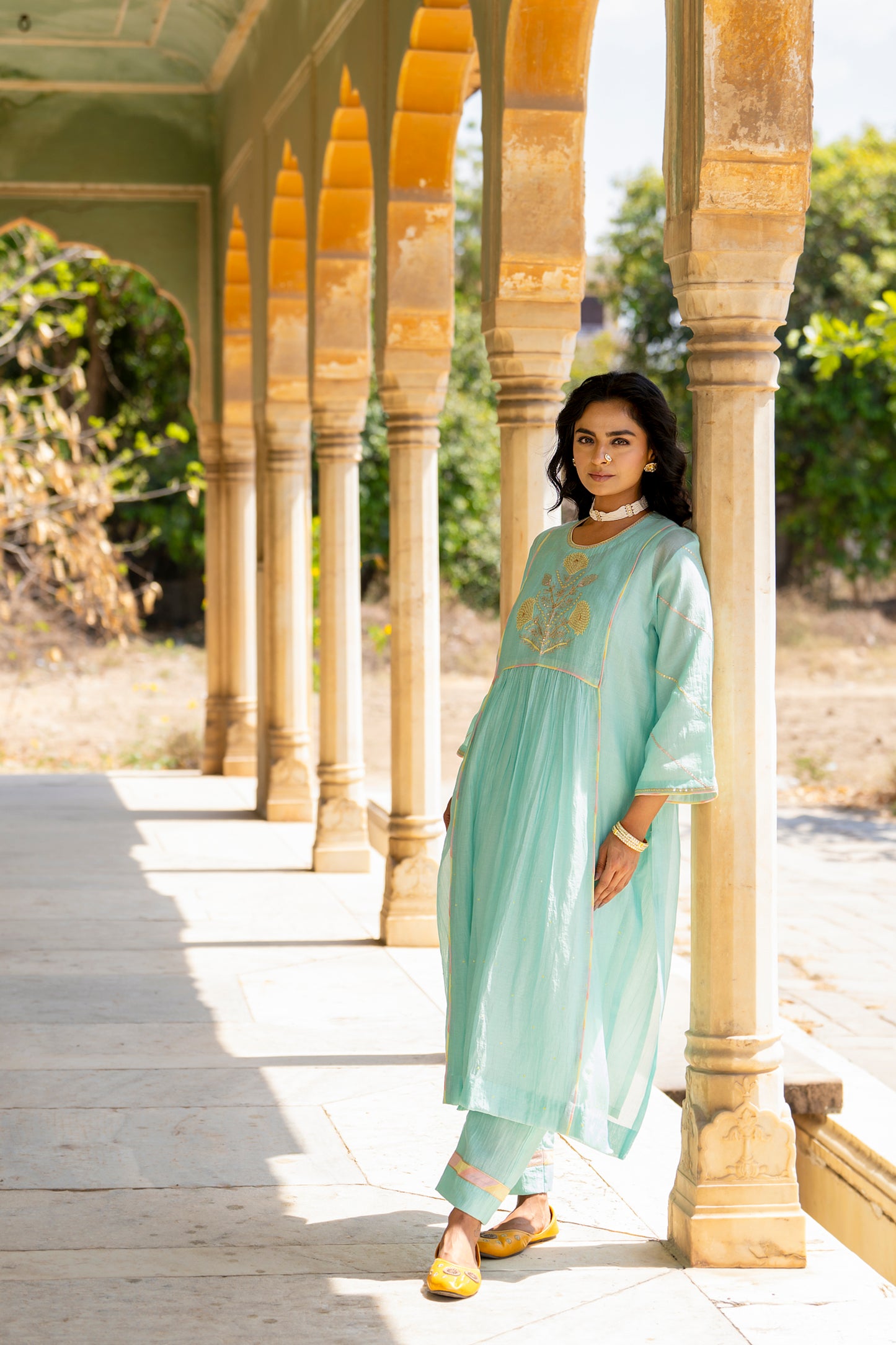 Light blue Mul Chanderi Kurta Set with Flower Motif Yoke