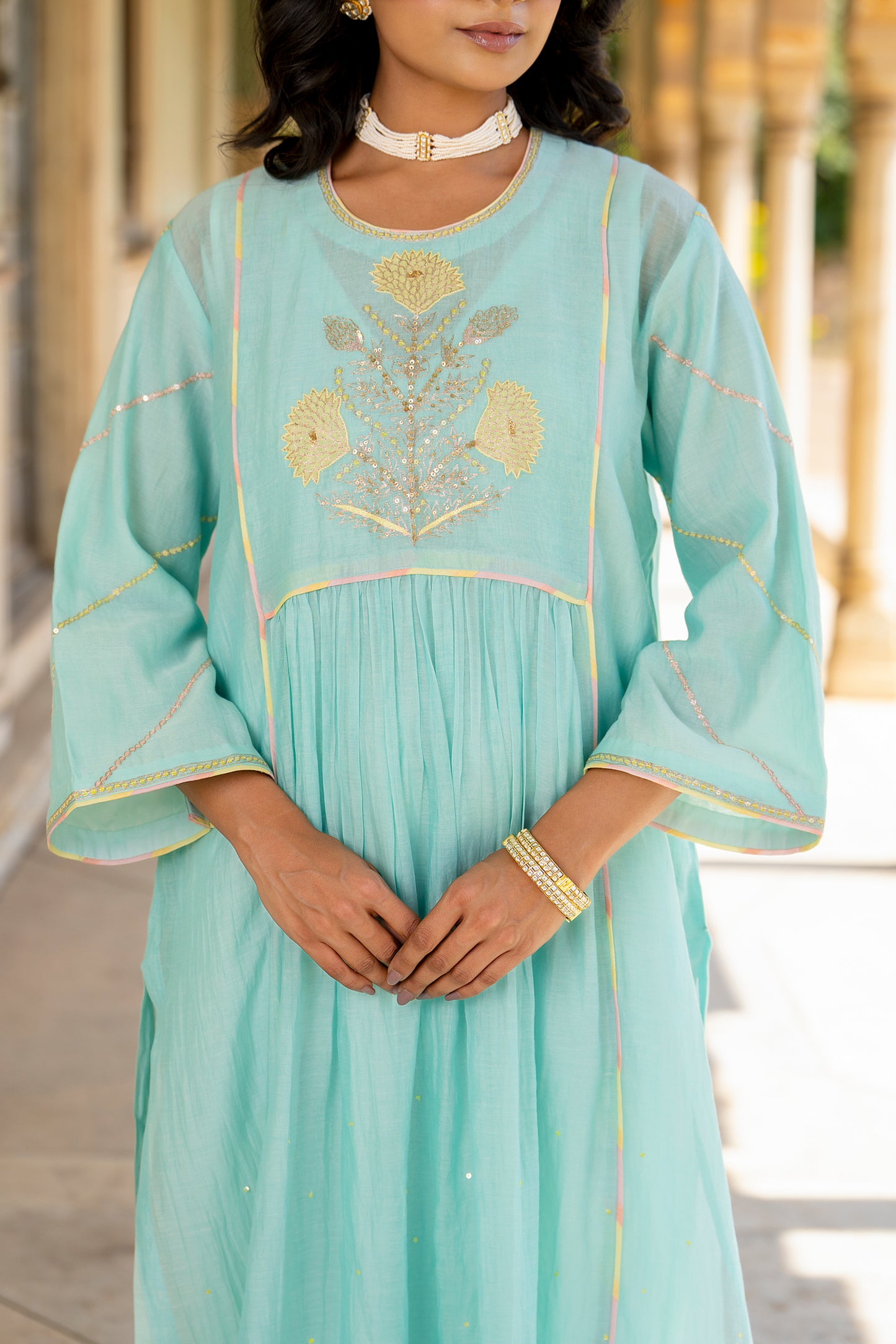Light blue Mul Chanderi Kurta Set with Flower Motif Yoke