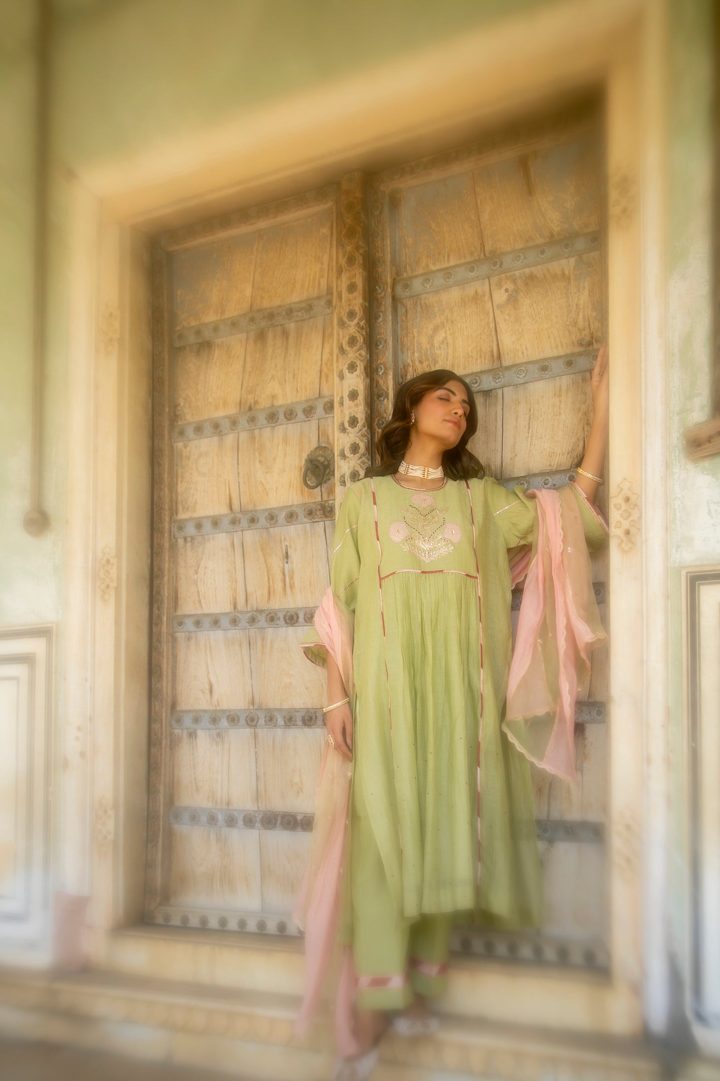 Olive Green Mul Chanderi Kurta Set with Flower Motif Yoke