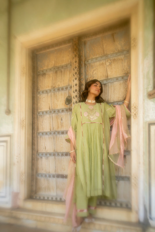 Olive Green Mul Chanderi Kurta Set with Flower Motif Yoke