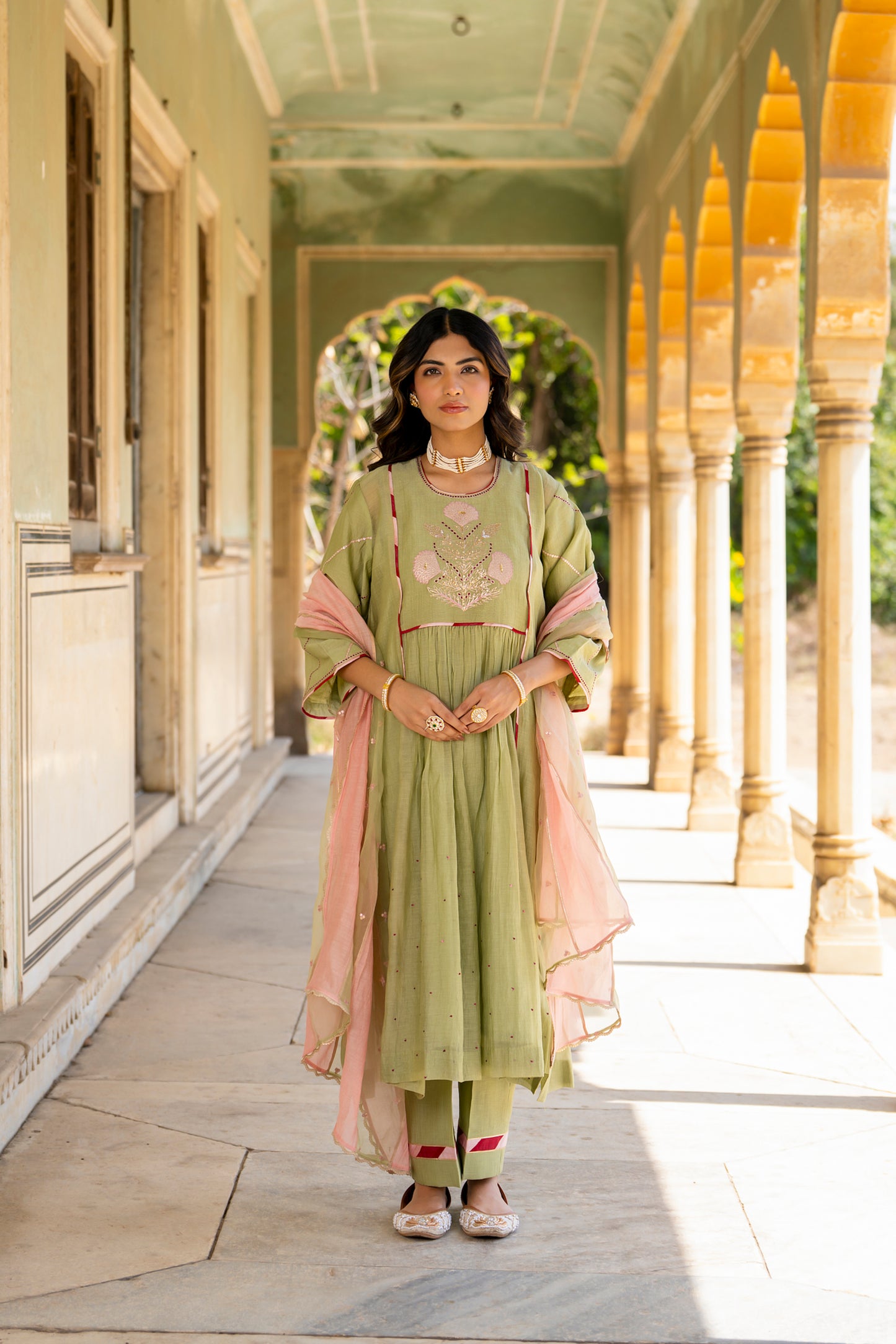 Olive Green Mul Chanderi Kurta Set with Flower Motif Yoke