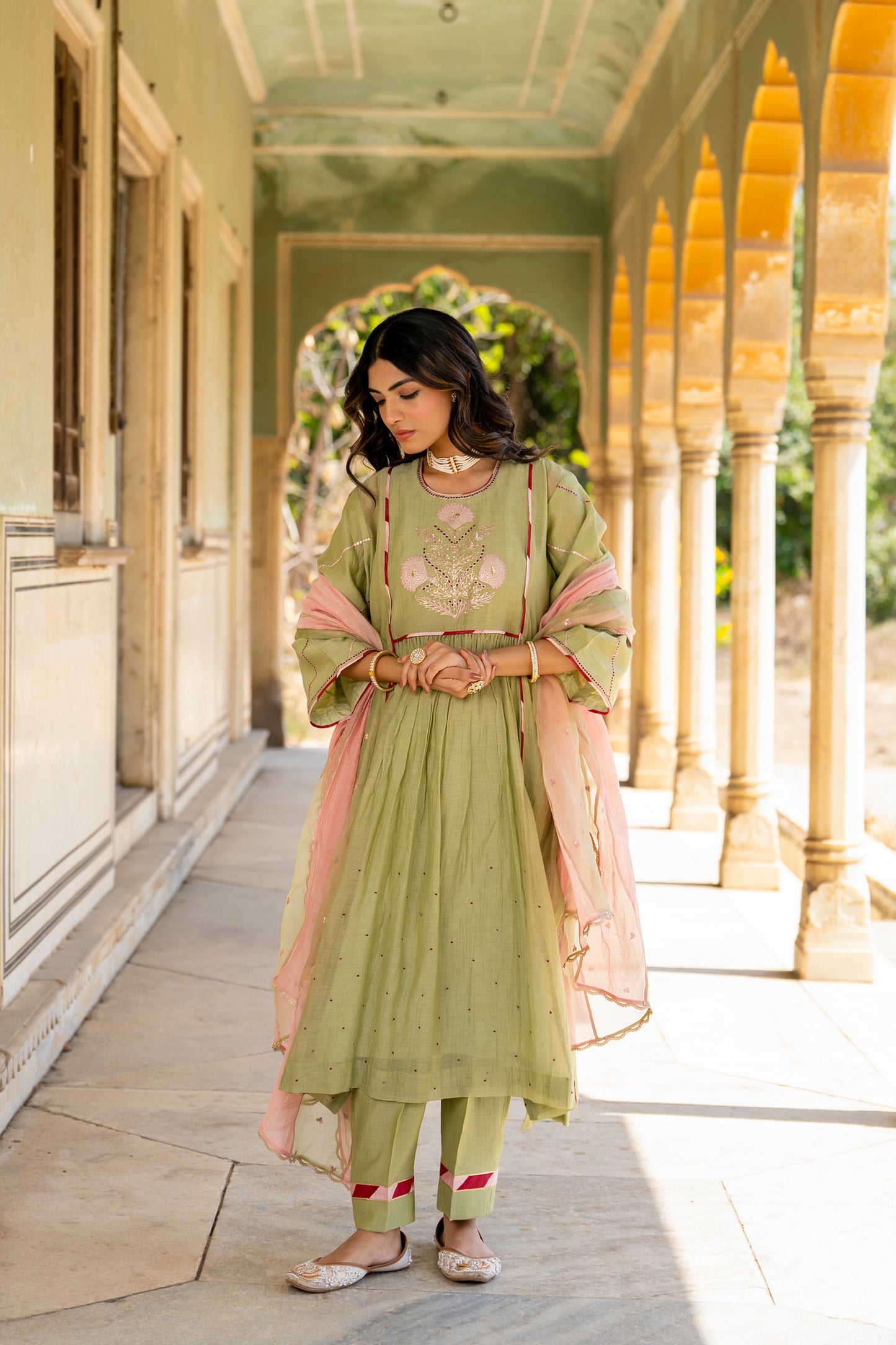 Olive Green Mul Chanderi Kurta Set with Flower Motif Yoke