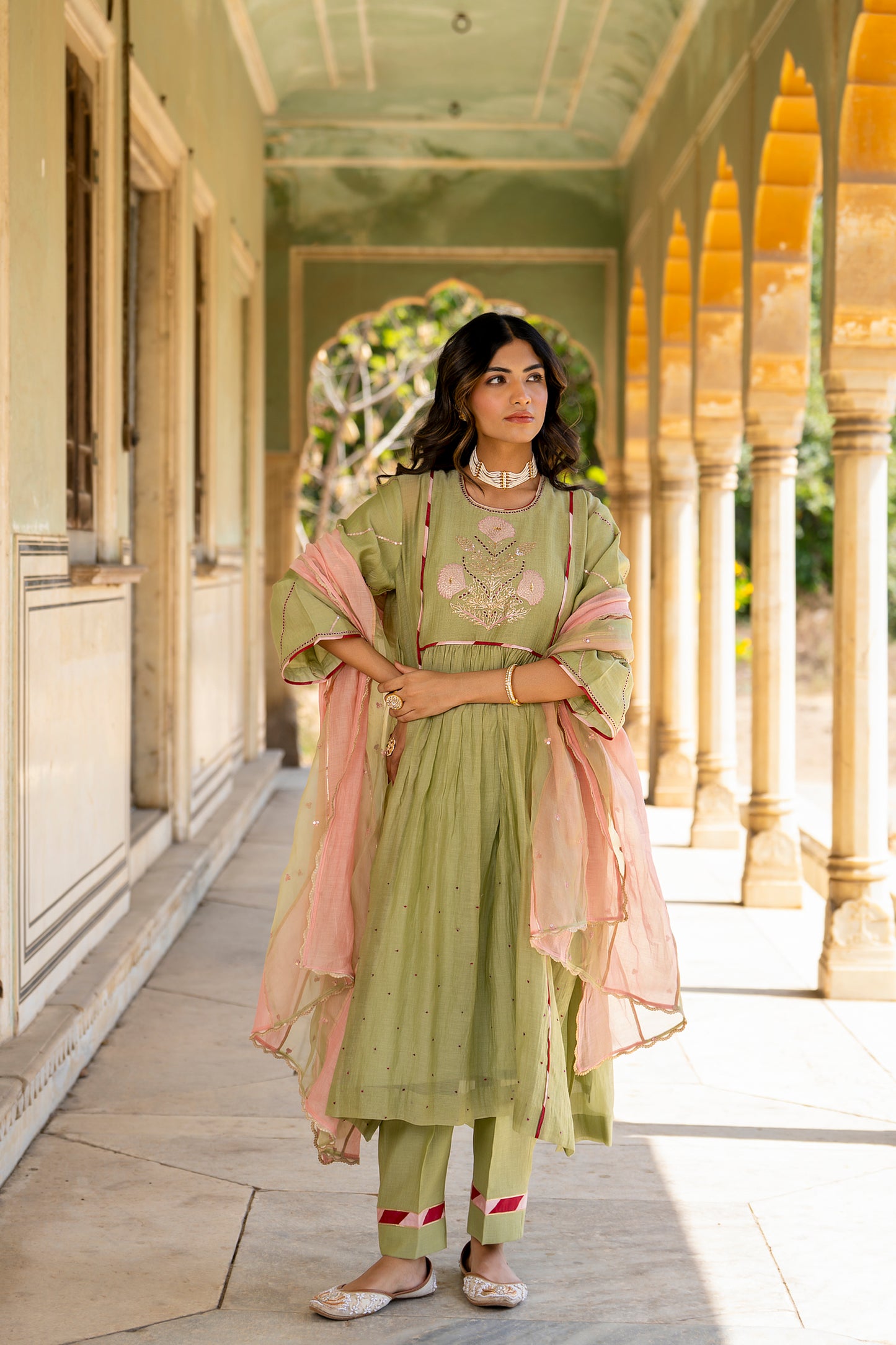 Olive Green Mul Chanderi Kurta Set with Flower Motif Yoke