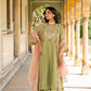 Olive Green Mul Chanderi Kurta Set with Flower Motif Yoke