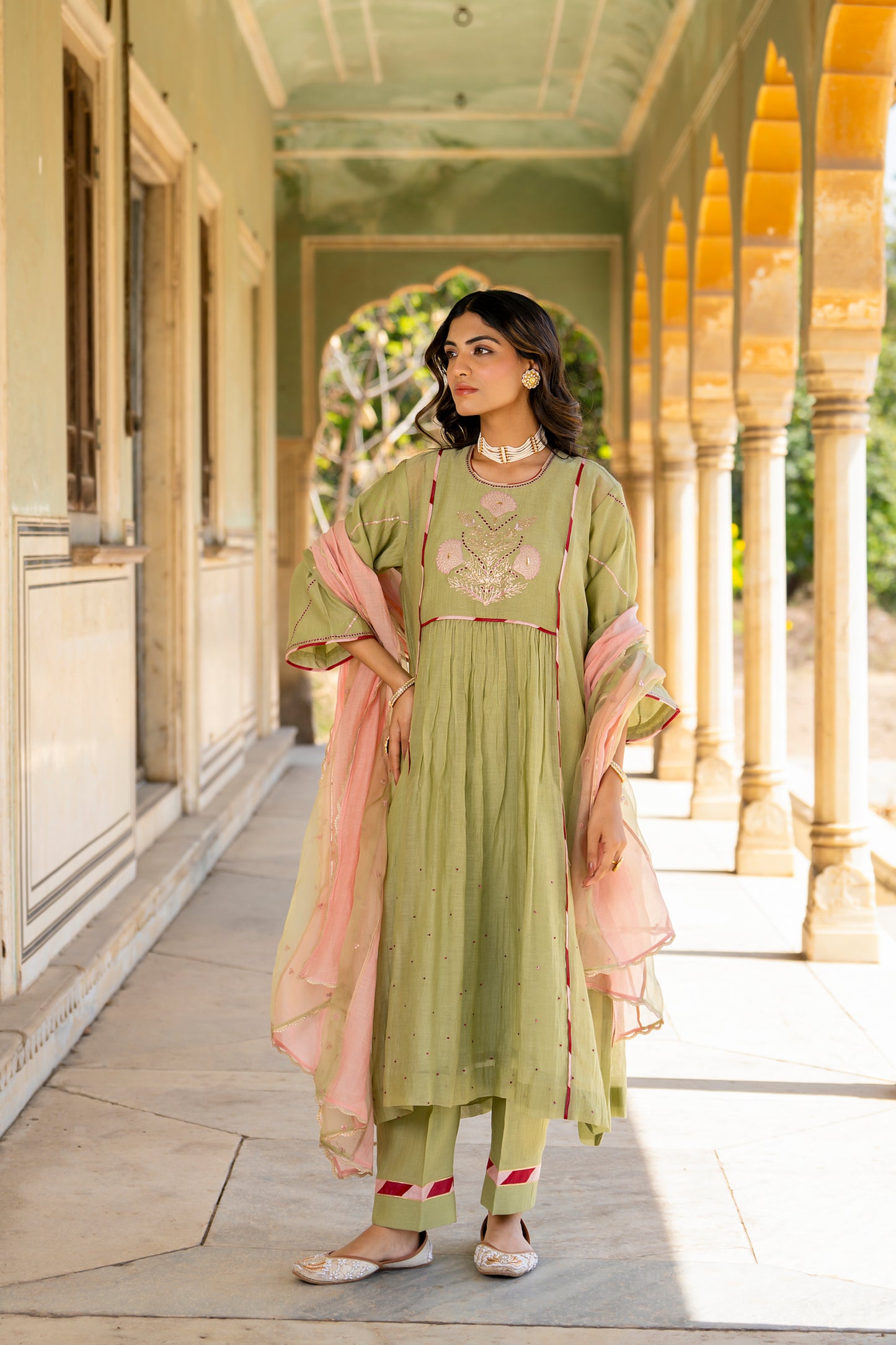 Olive Green Mul Chanderi Kurta Set with Flower Motif Yoke