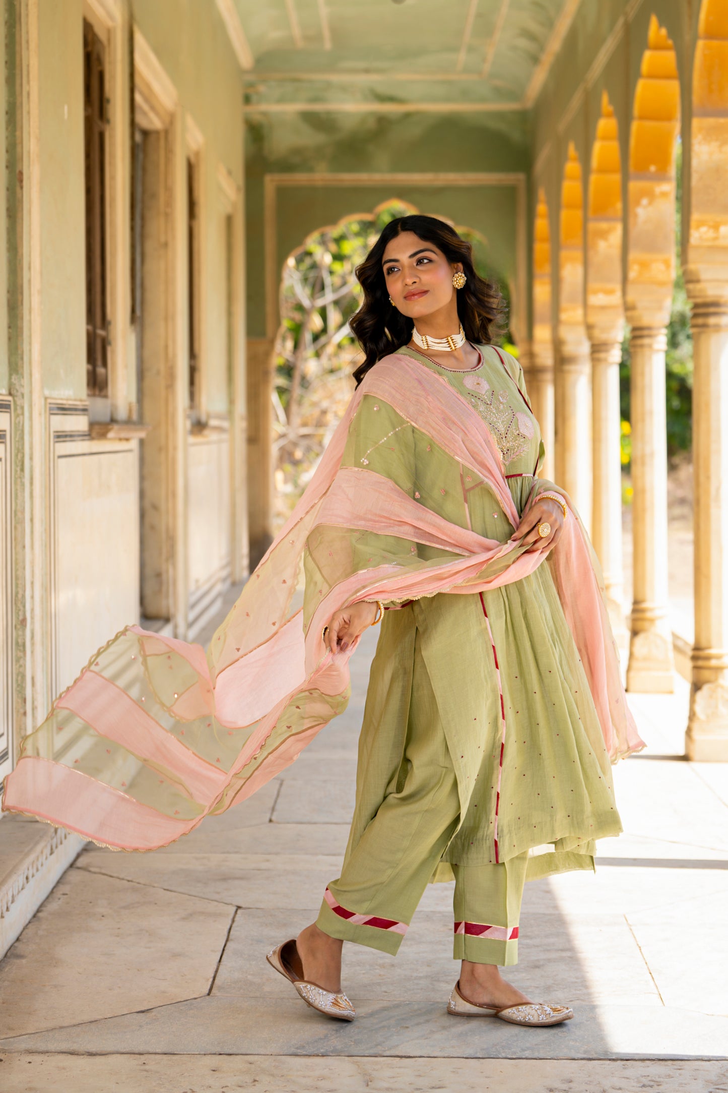 Olive Green Mul Chanderi Kurta Set with Flower Motif Yoke