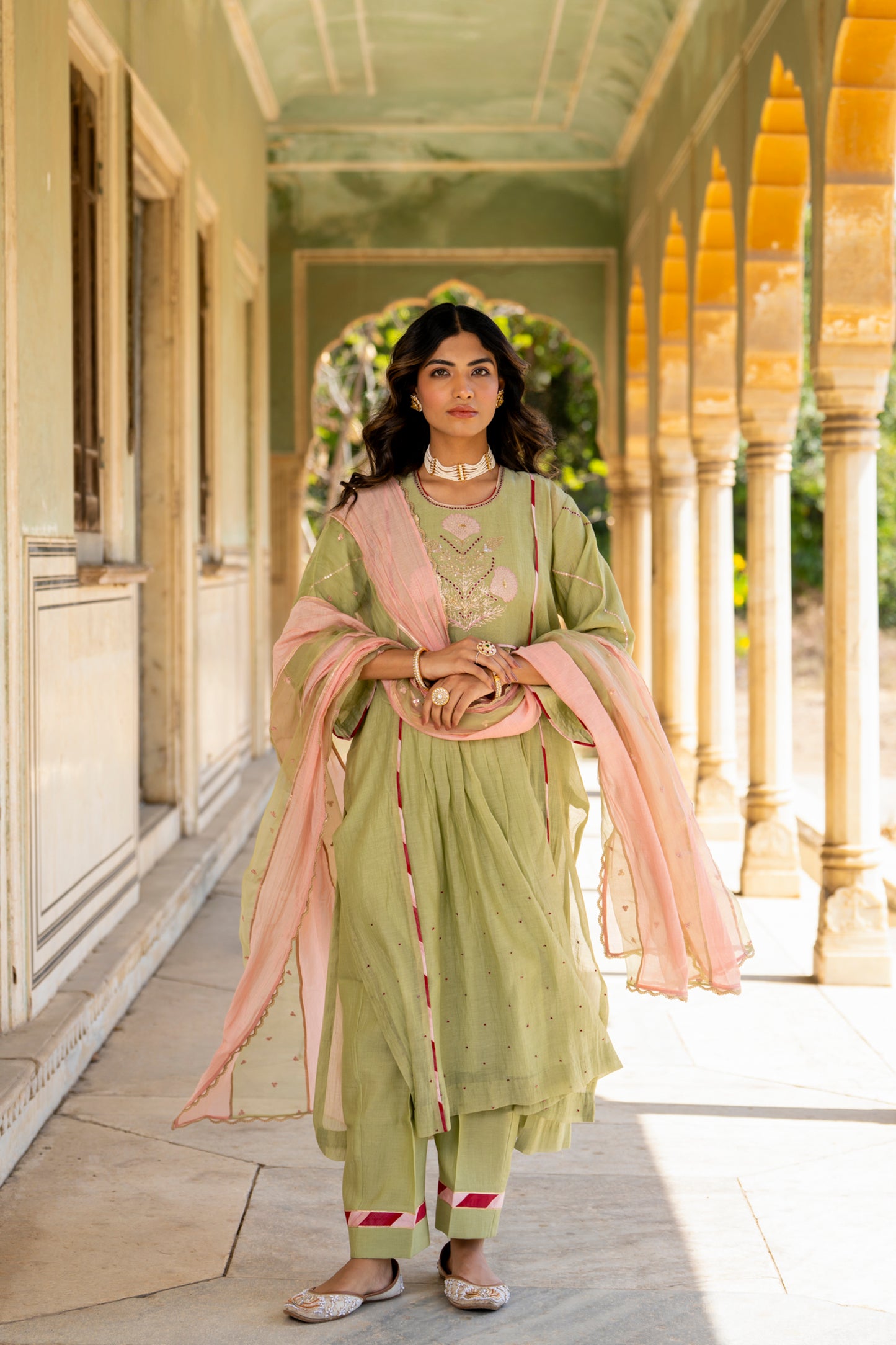 Olive Green Mul Chanderi Kurta Set with Flower Motif Yoke
