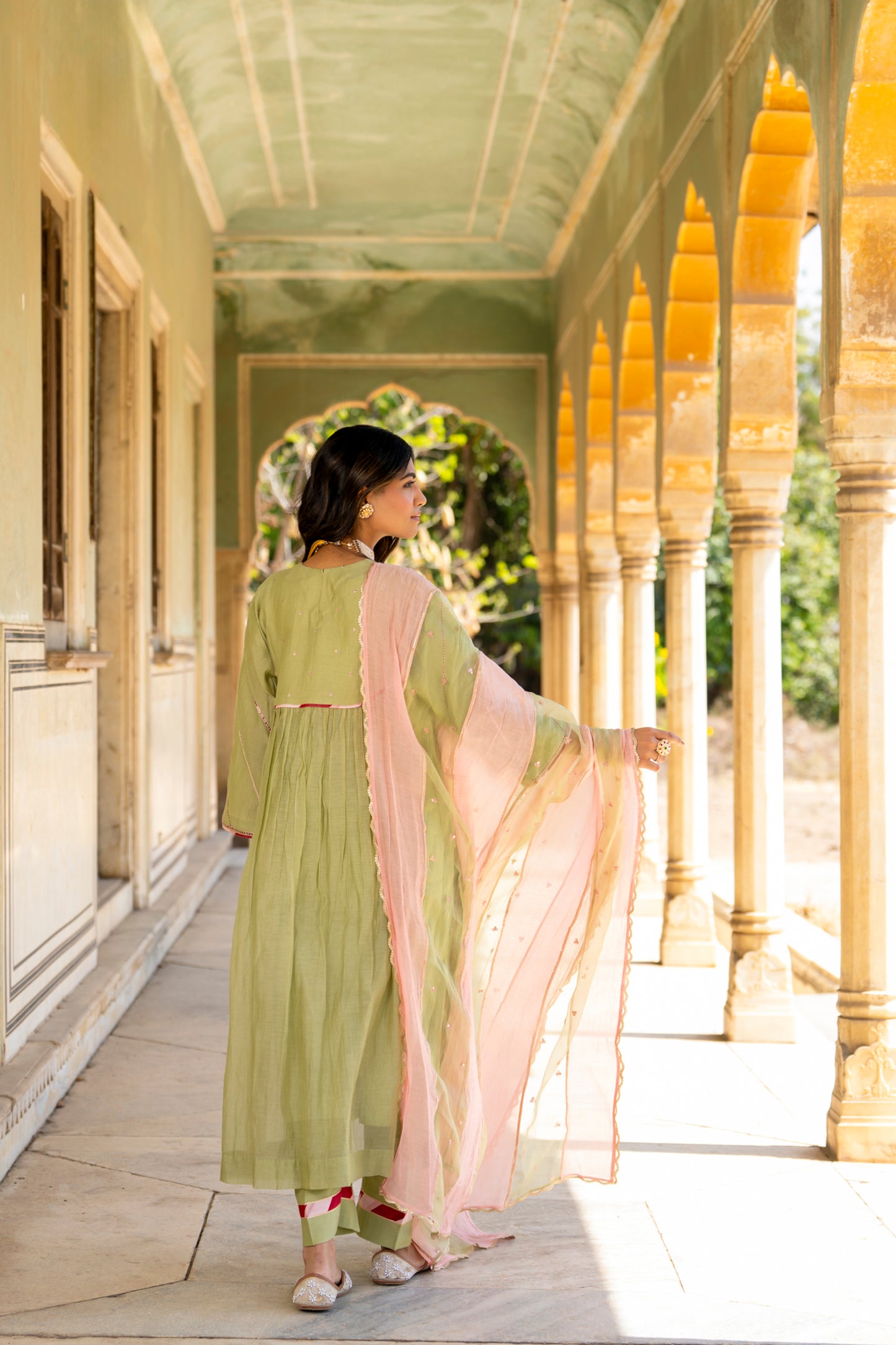 Olive Green Mul Chanderi Kurta Set with Flower Motif Yoke