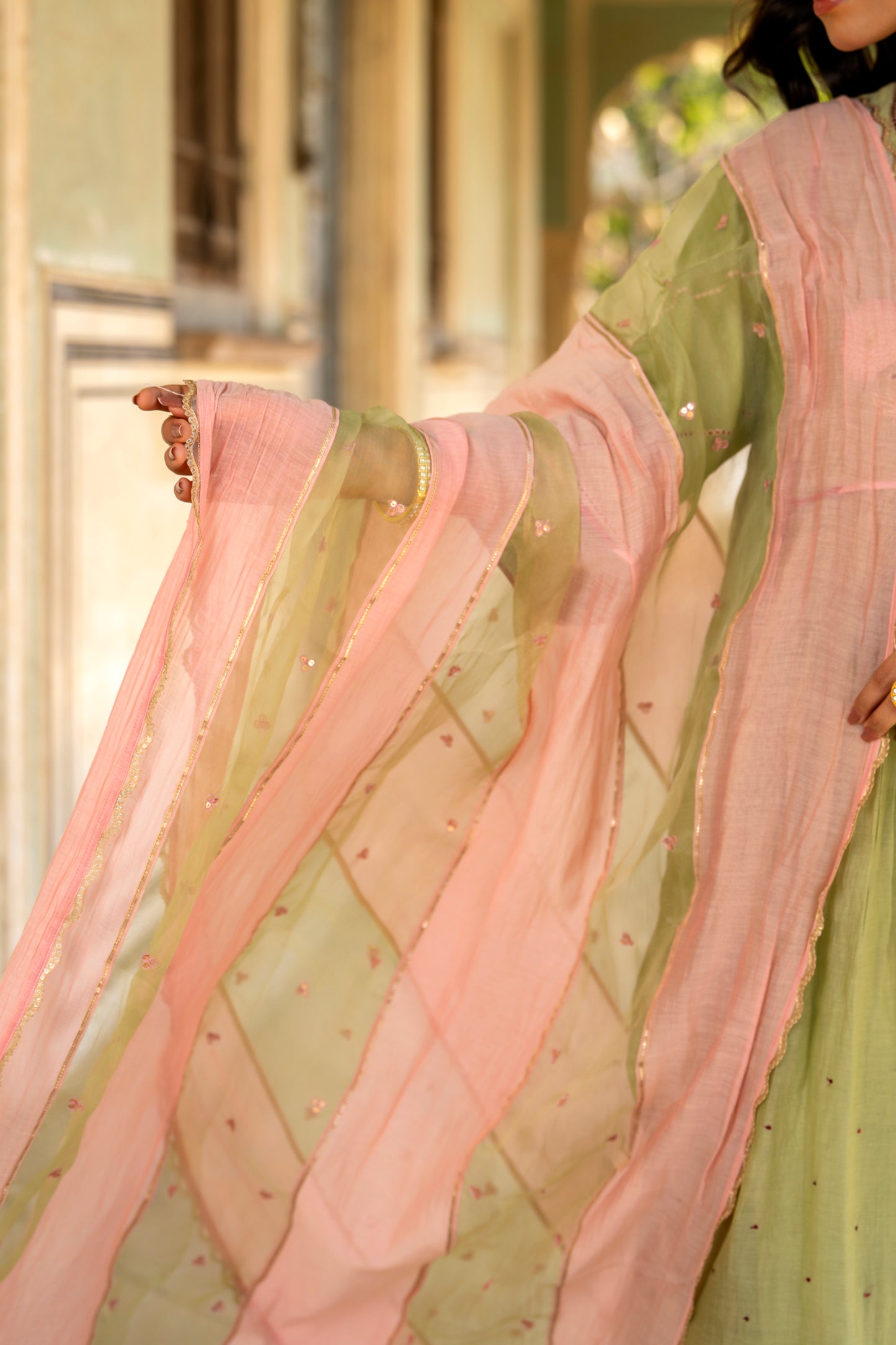 Olive Green Mul Chanderi Kurta Set with Flower Motif Yoke