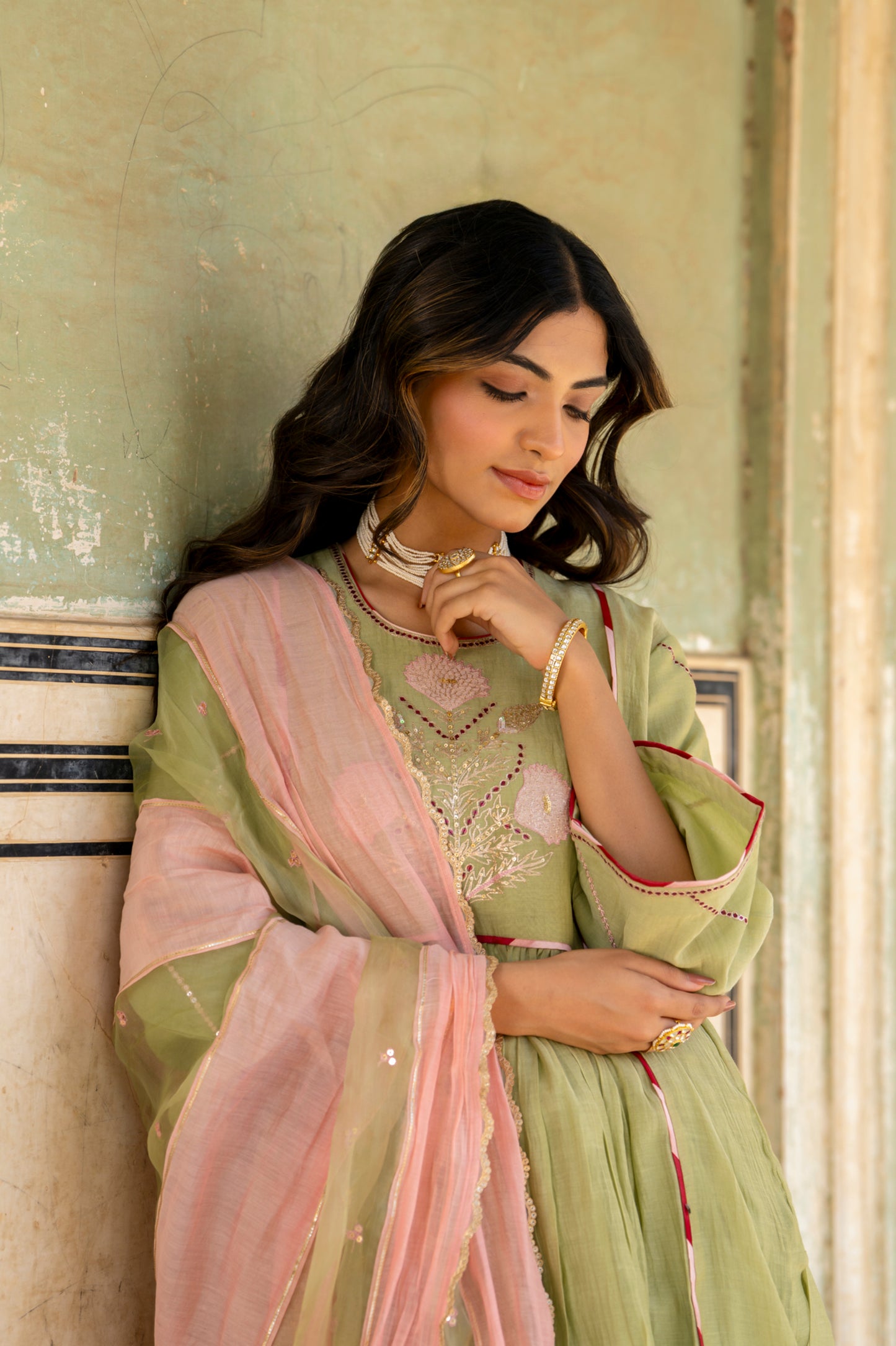Olive Green Mul Chanderi Kurta Set with Flower Motif Yoke