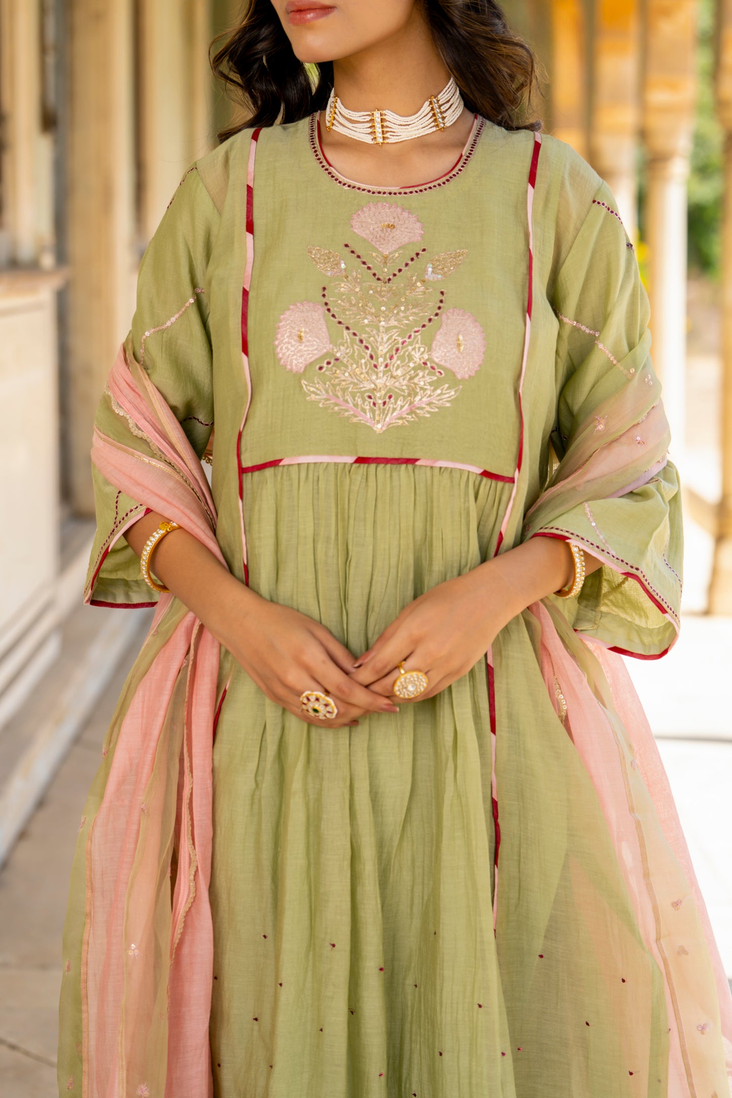 Olive Green Mul Chanderi Kurta Set with Flower Motif Yoke