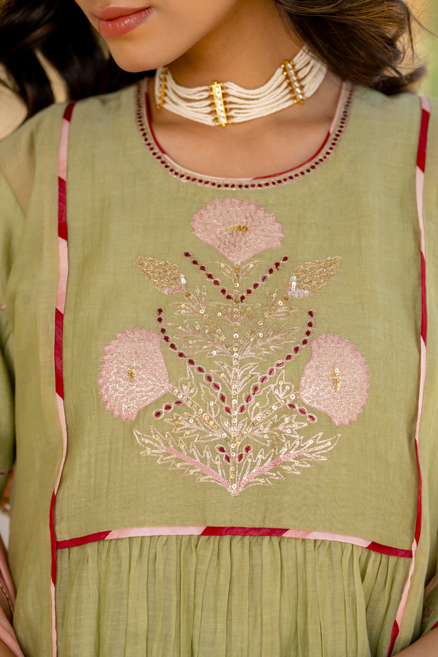 Olive Green Mul Chanderi Kurta Set with Flower Motif Yoke