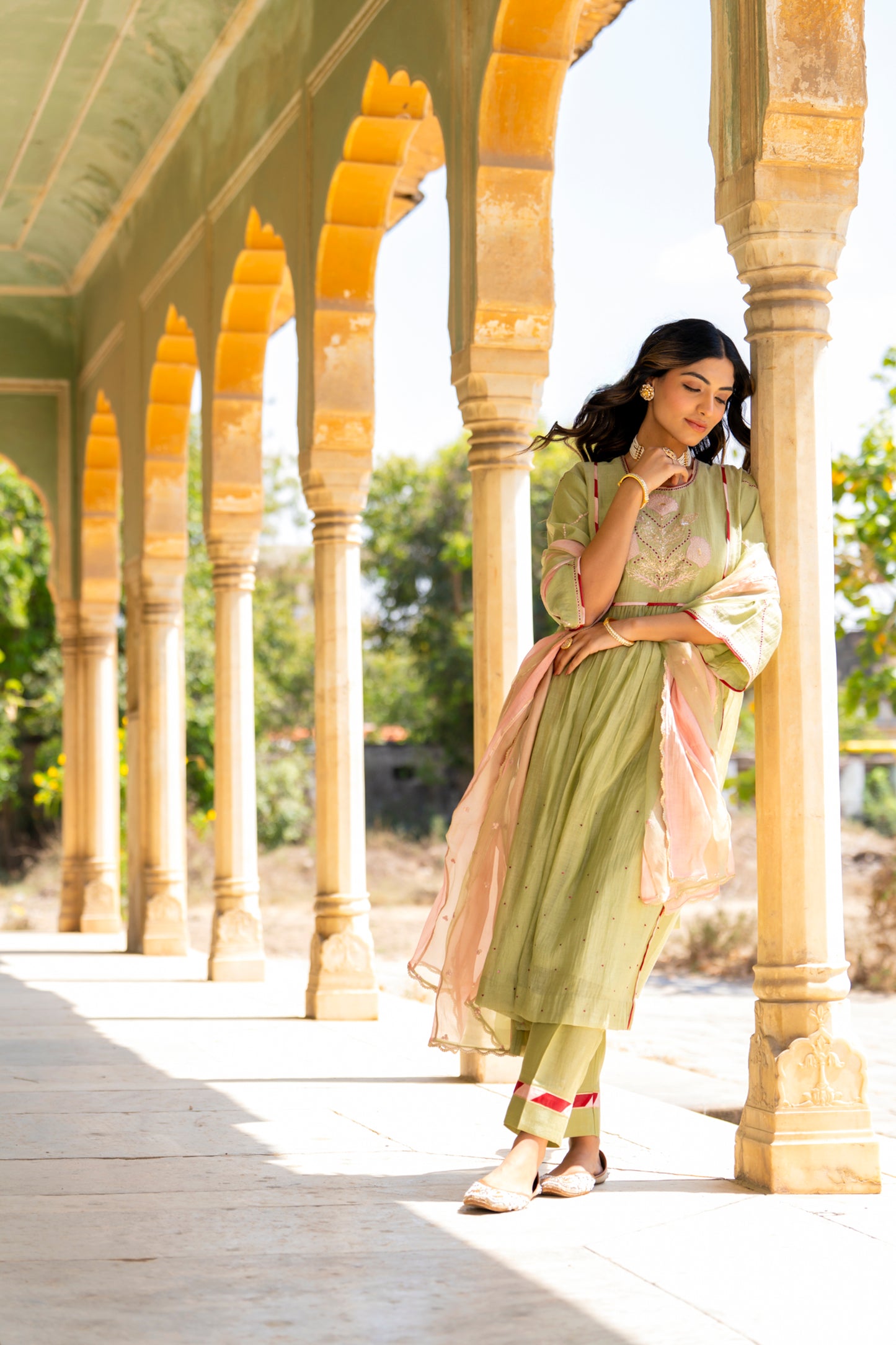 Olive Green Mul Chanderi Kurta Set with Flower Motif Yoke