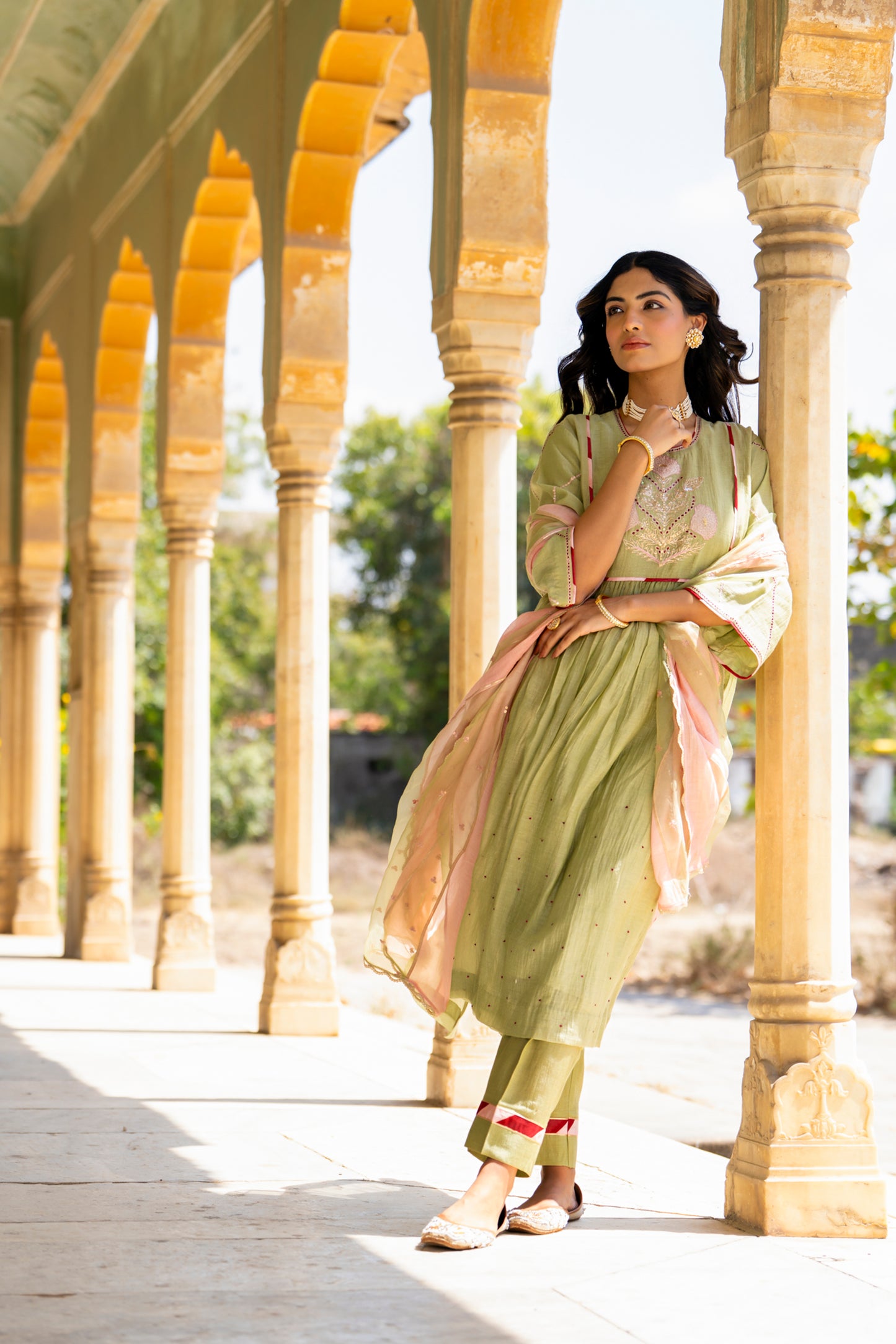 Olive Green Mul Chanderi Kurta Set with Flower Motif Yoke