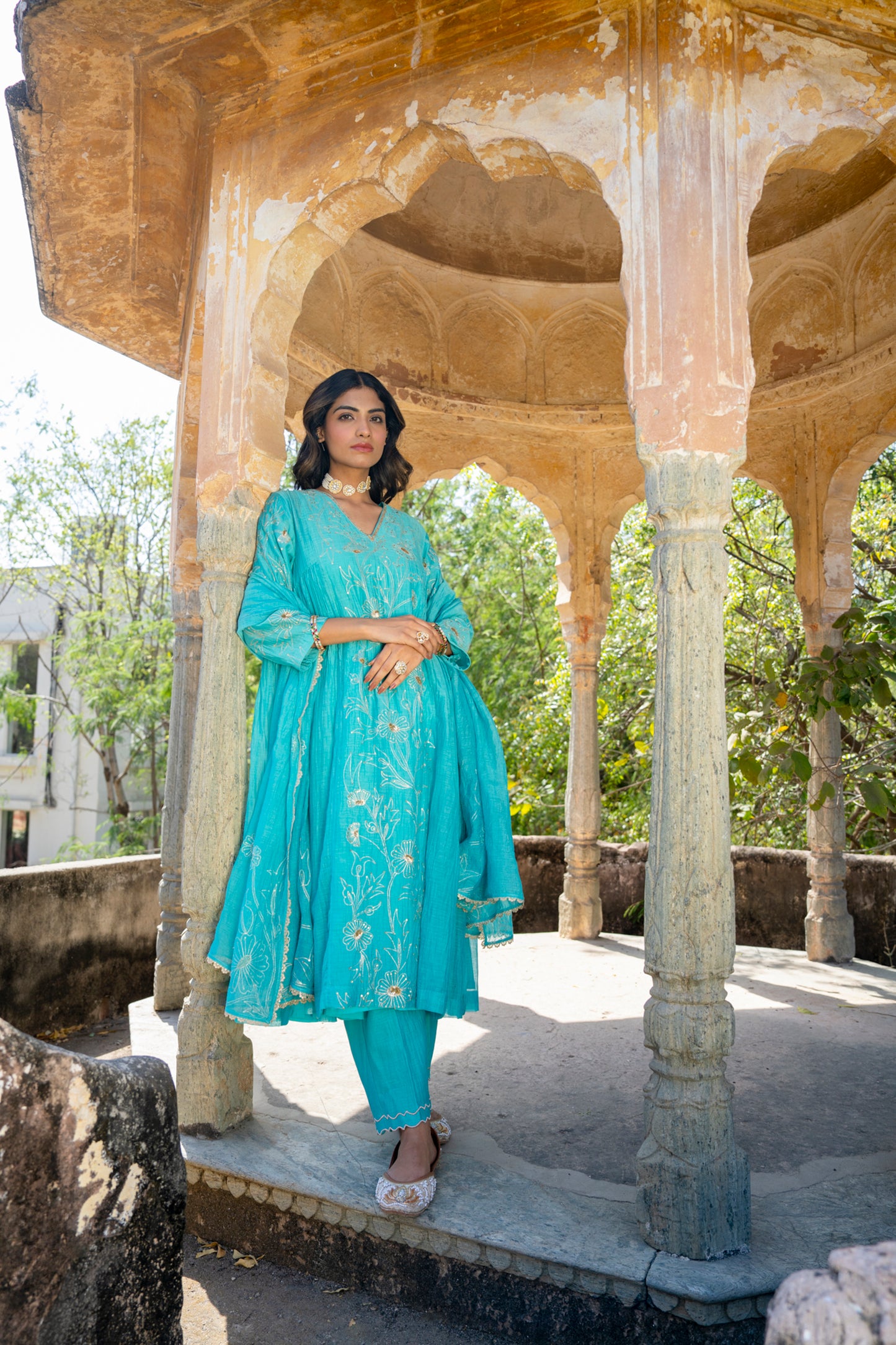 Turquoise Blue Pittan and Jaal work Mul Chanderi Kurta Set