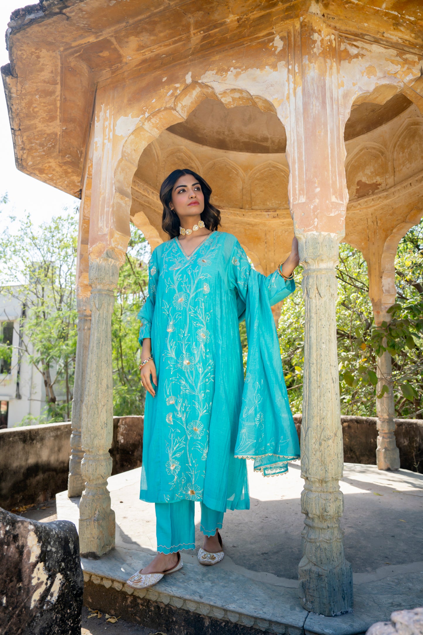 Turquoise Blue Pittan and Jaal work Mul Chanderi Kurta Set