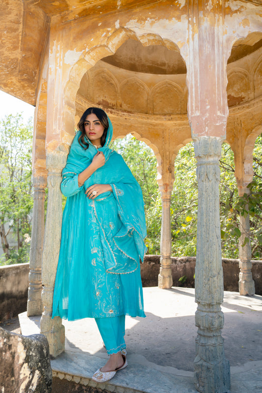 Turquoise Blue Pittan and Jaal work Mul Chanderi Kurta Set