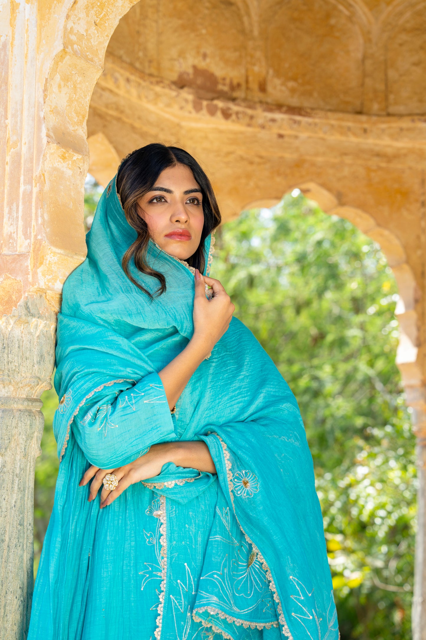 Turquoise Blue Pittan and Jaal work Mul Chanderi Kurta Set