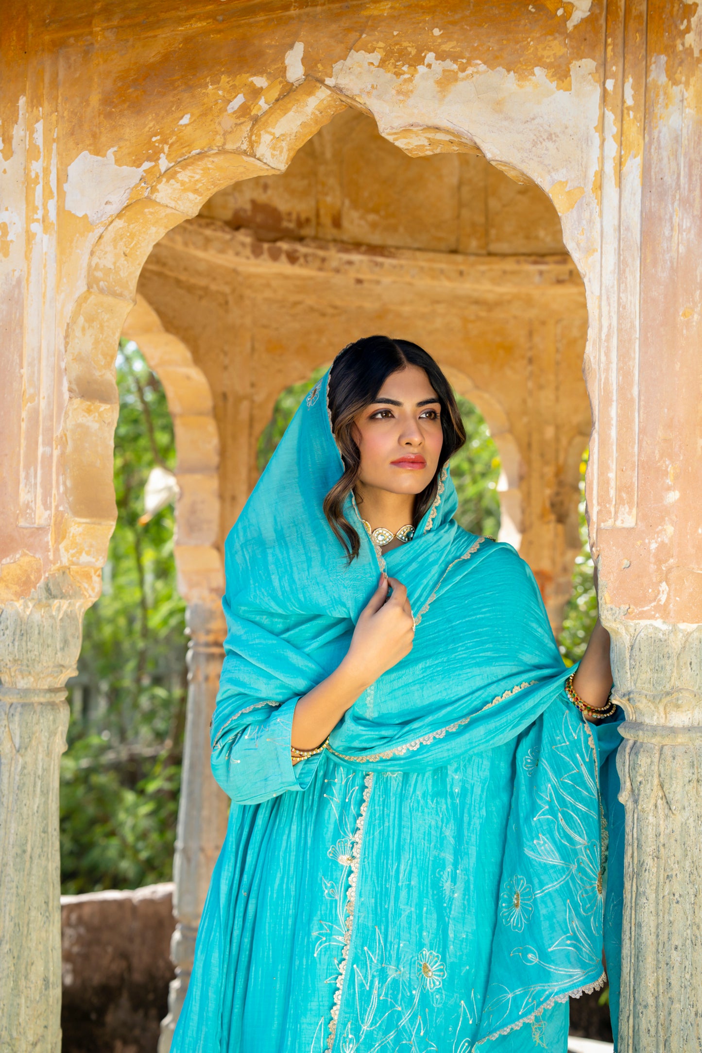 Turquoise Blue Pittan and Jaal work Mul Chanderi Kurta Set