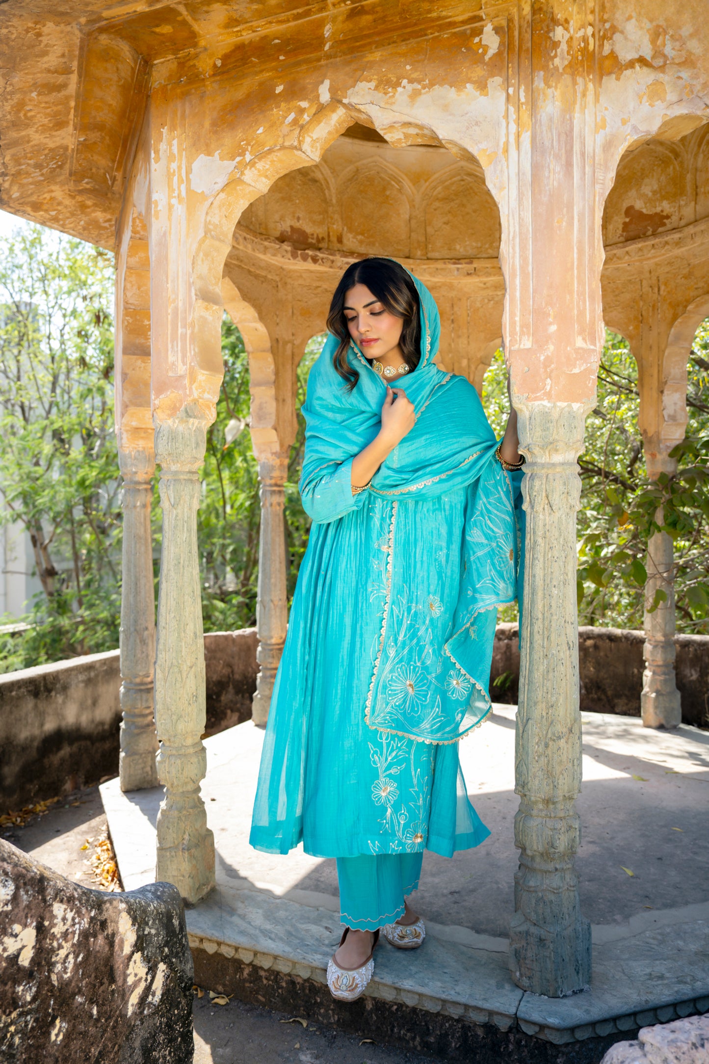 Turquoise Blue Pittan and Jaal work Mul Chanderi Kurta Set