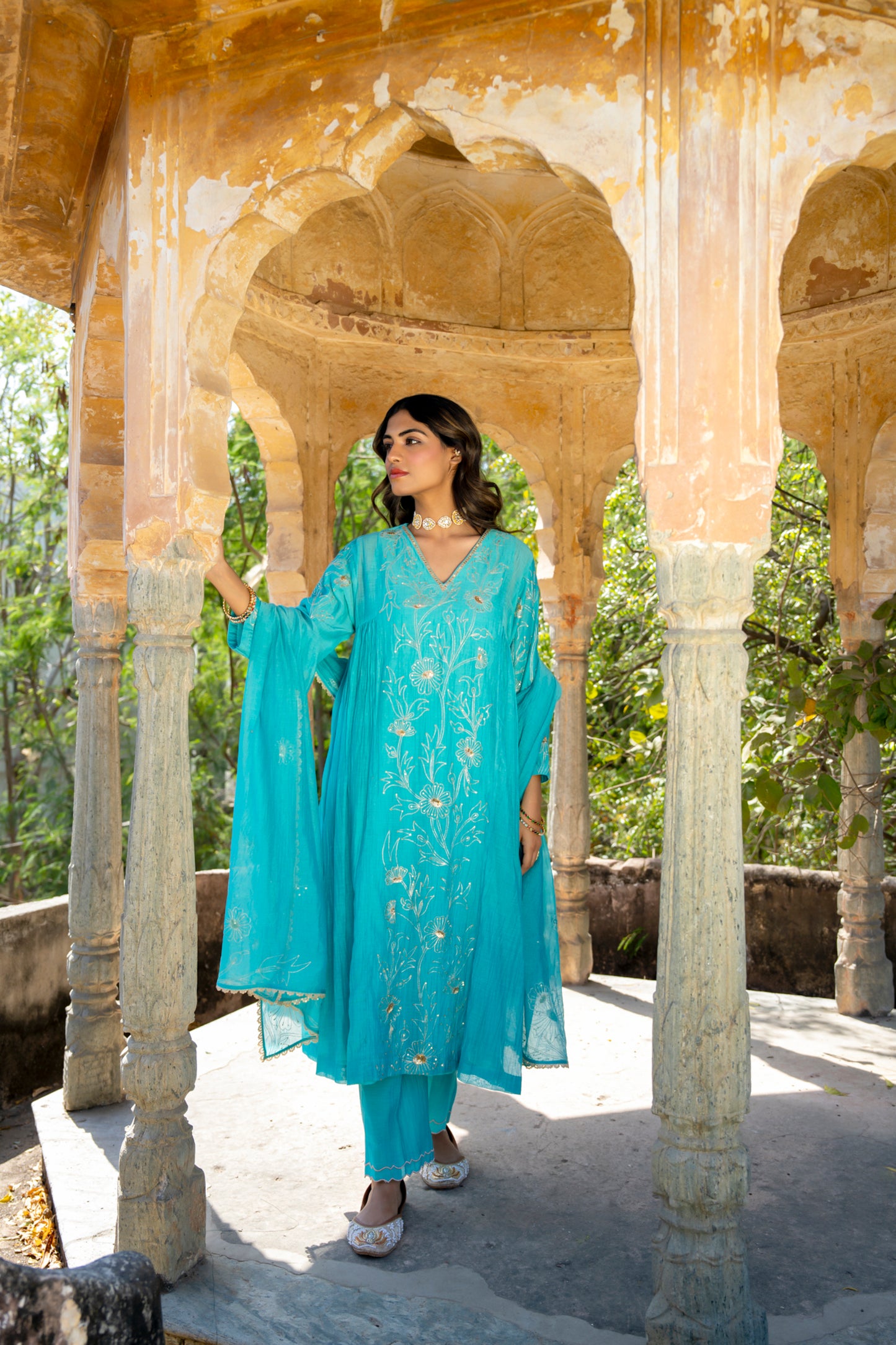 Turquoise Blue Pittan and Jaal work Mul Chanderi Kurta Set