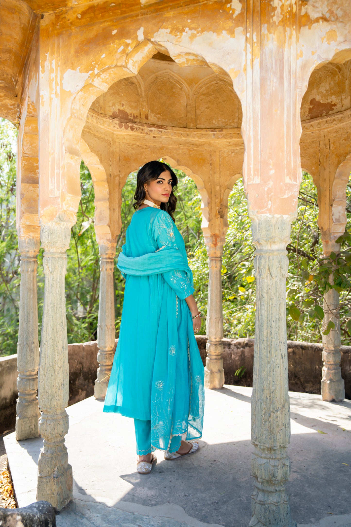 Turquoise Blue Pittan and Jaal work Mul Chanderi Kurta Set