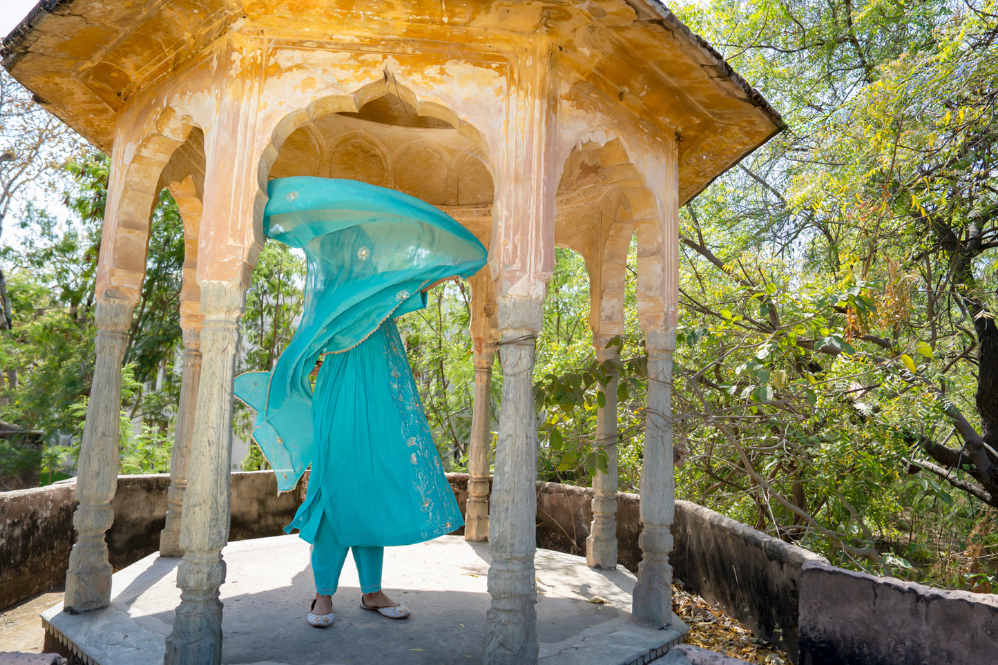 Turquoise Blue Pittan and Jaal work Mul Chanderi Kurta Set