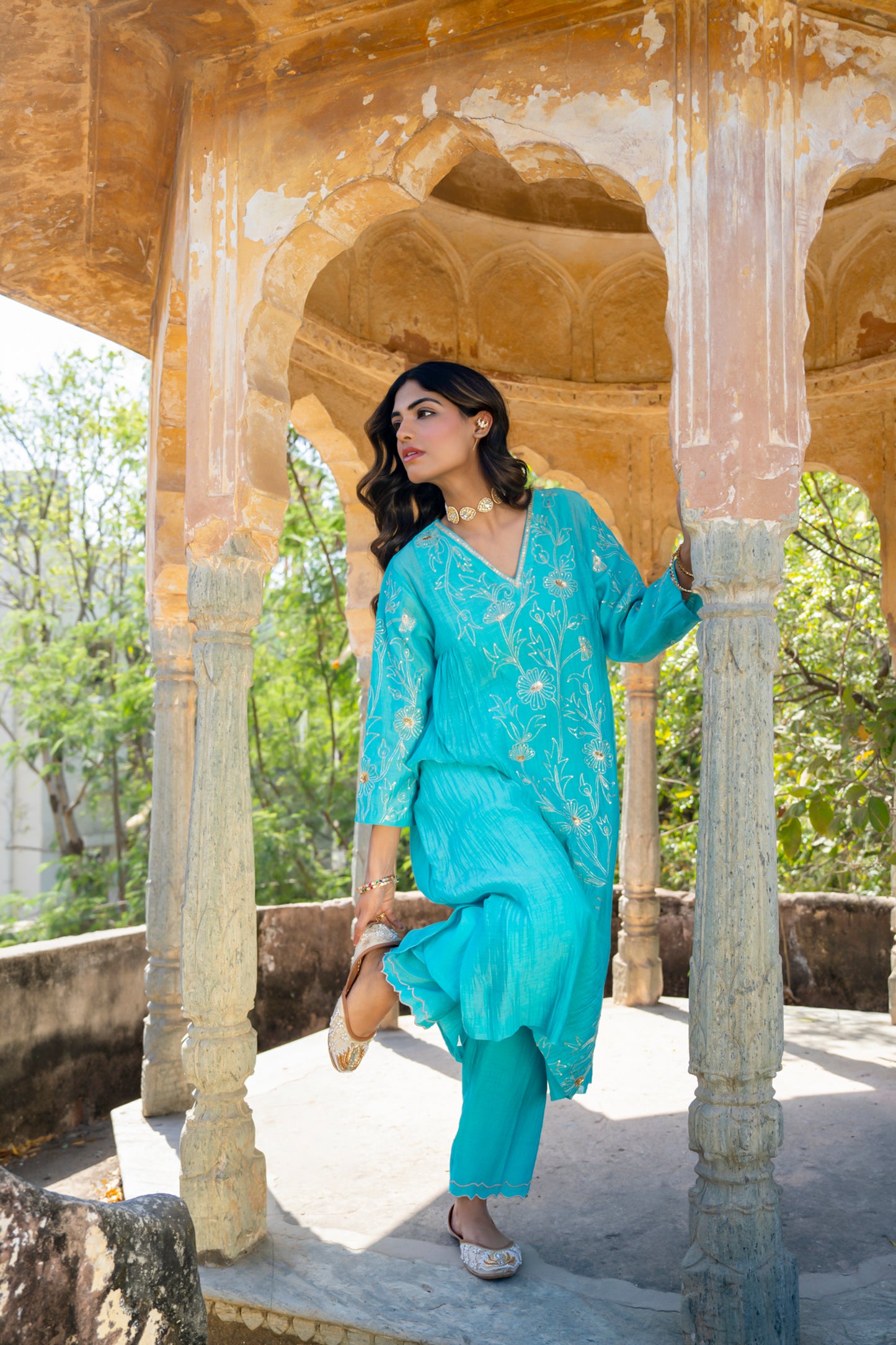 Turquoise Blue Pittan and Jaal work Mul Chanderi Kurta Set