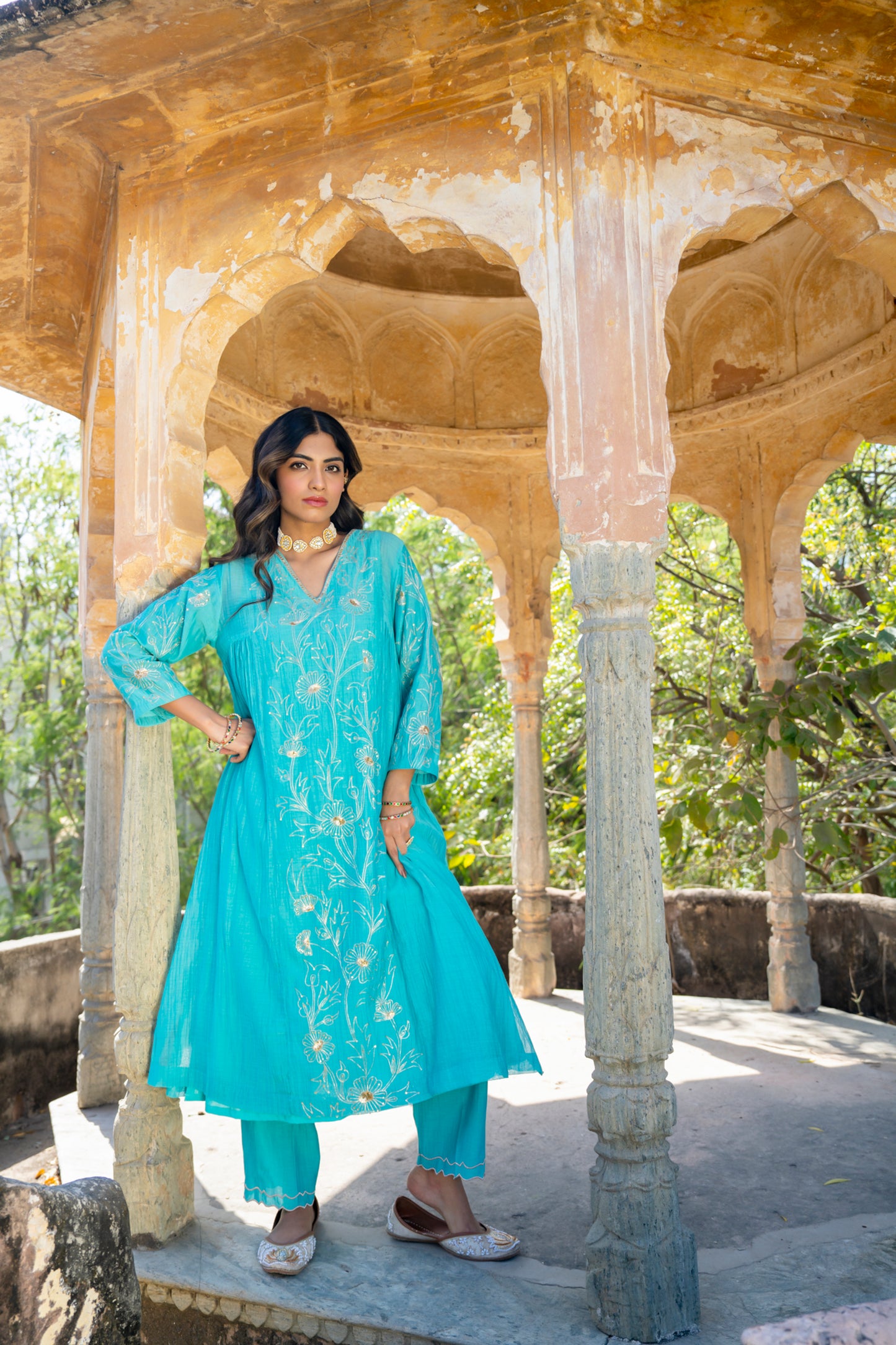 Turquoise Blue Pittan and Jaal work Mul Chanderi Kurta Set