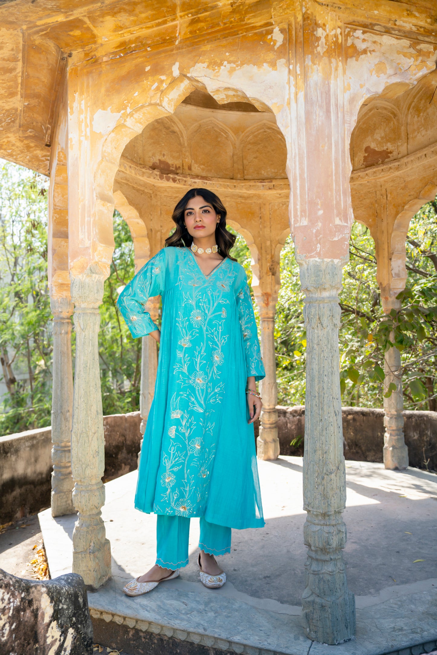 Turquoise Blue Pittan and Jaal work Mul Chanderi Kurta Set