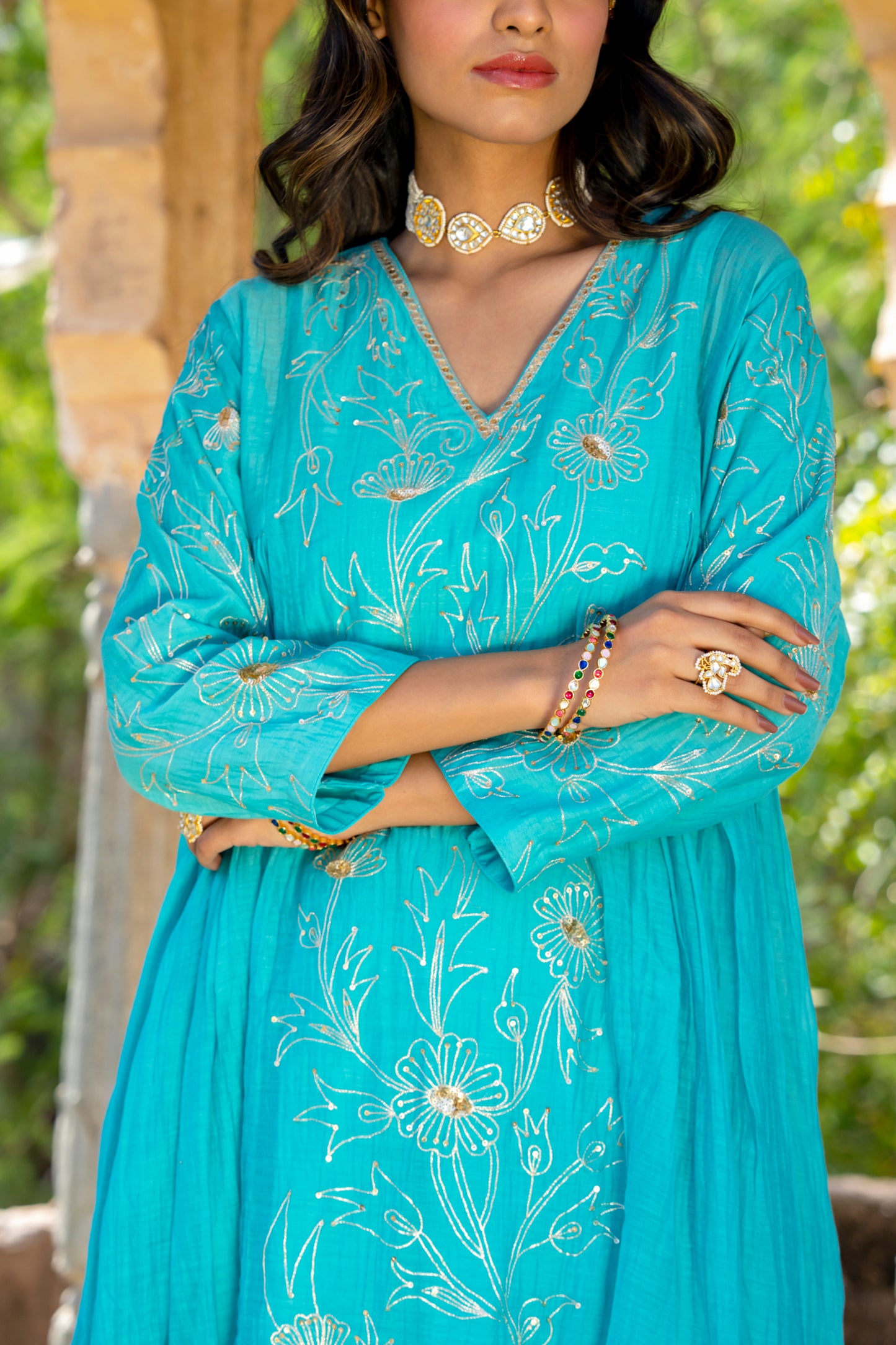 Turquoise Blue Pittan and Jaal work Mul Chanderi Kurta Set