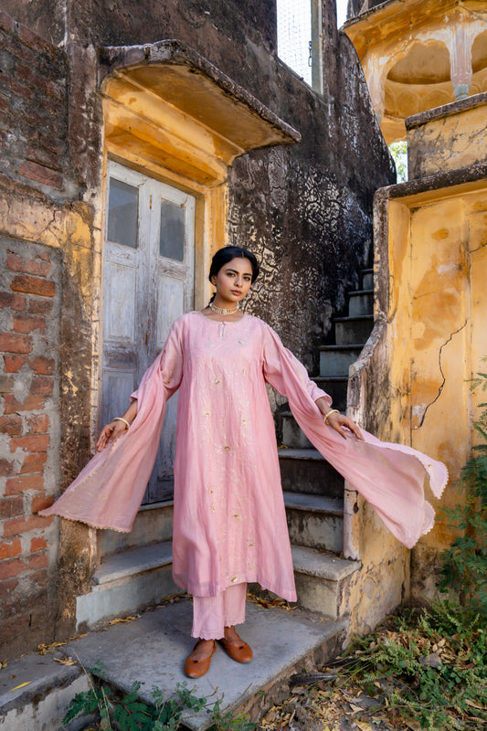 Light Pink Pittan and Jaal work Mul Chanderi Kurta Set