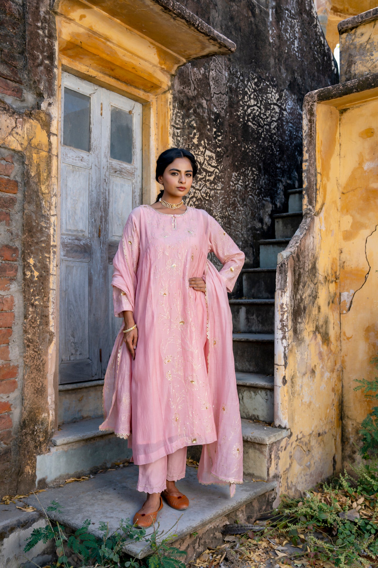 Light Pink Pittan and Jaal work Mul Chanderi Kurta Set