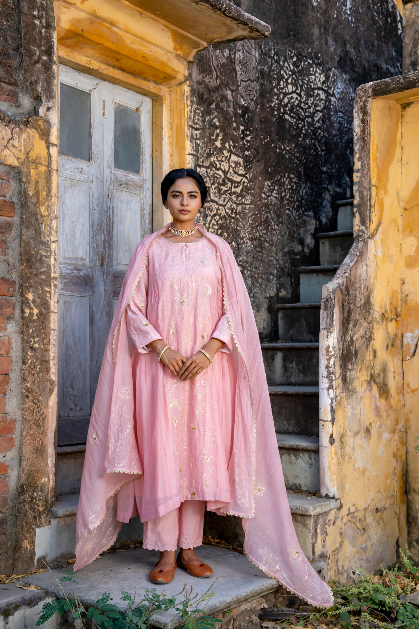 Light Pink Pittan and Jaal work Mul Chanderi Kurta Set