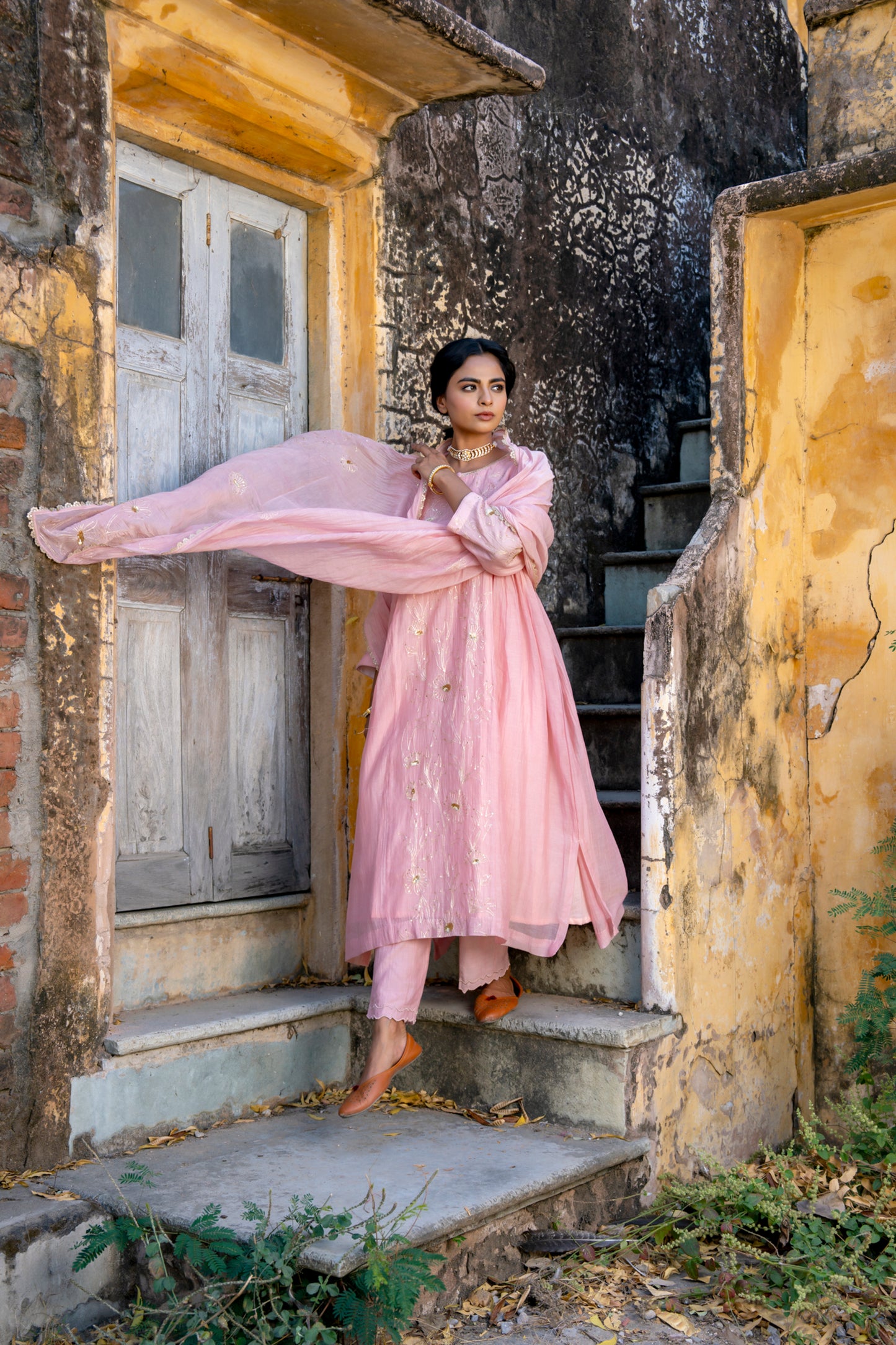 Light Pink Pittan and Jaal work Mul Chanderi Kurta Set