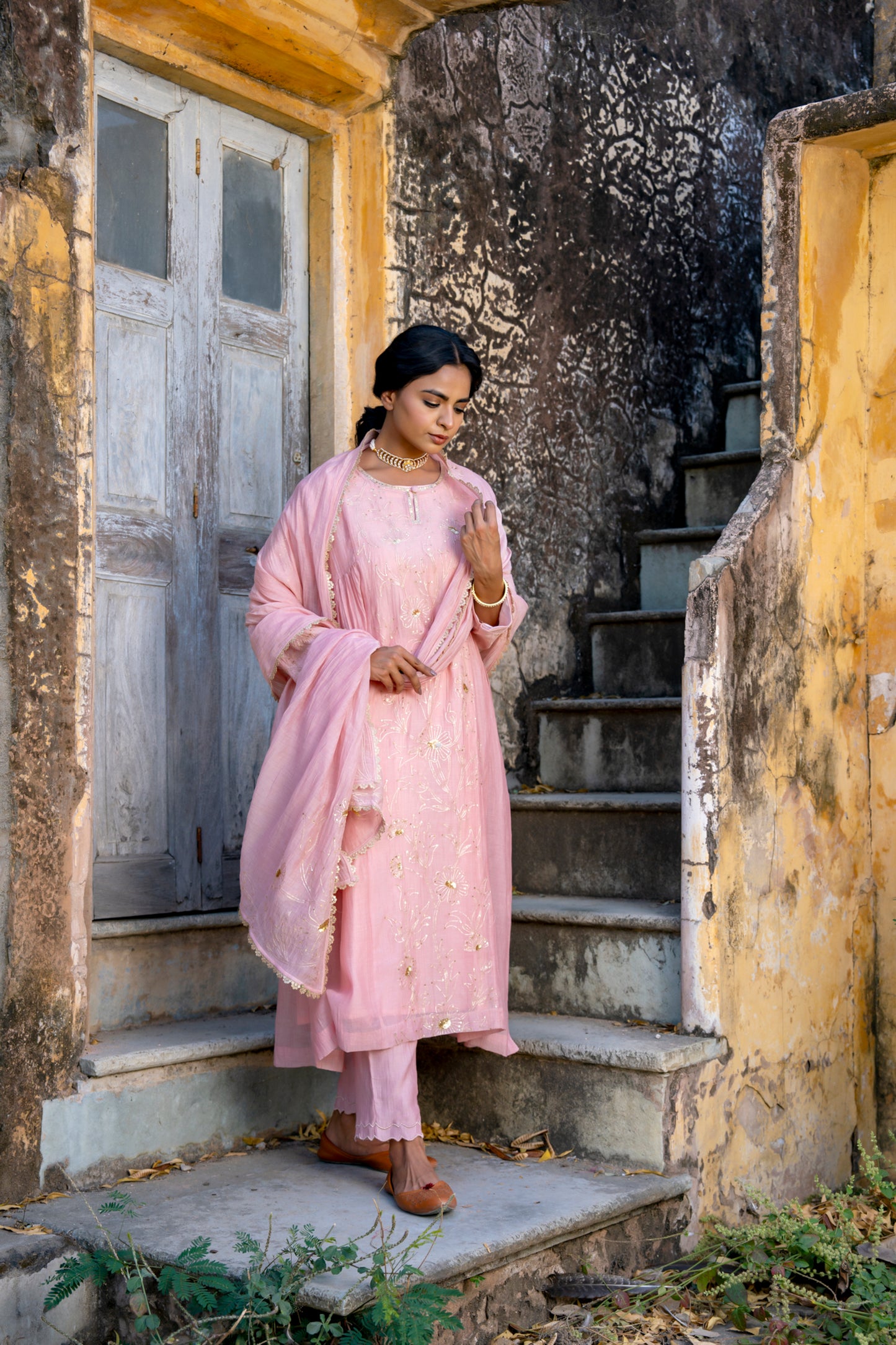 Light Pink Pittan and Jaal work Mul Chanderi Kurta Set