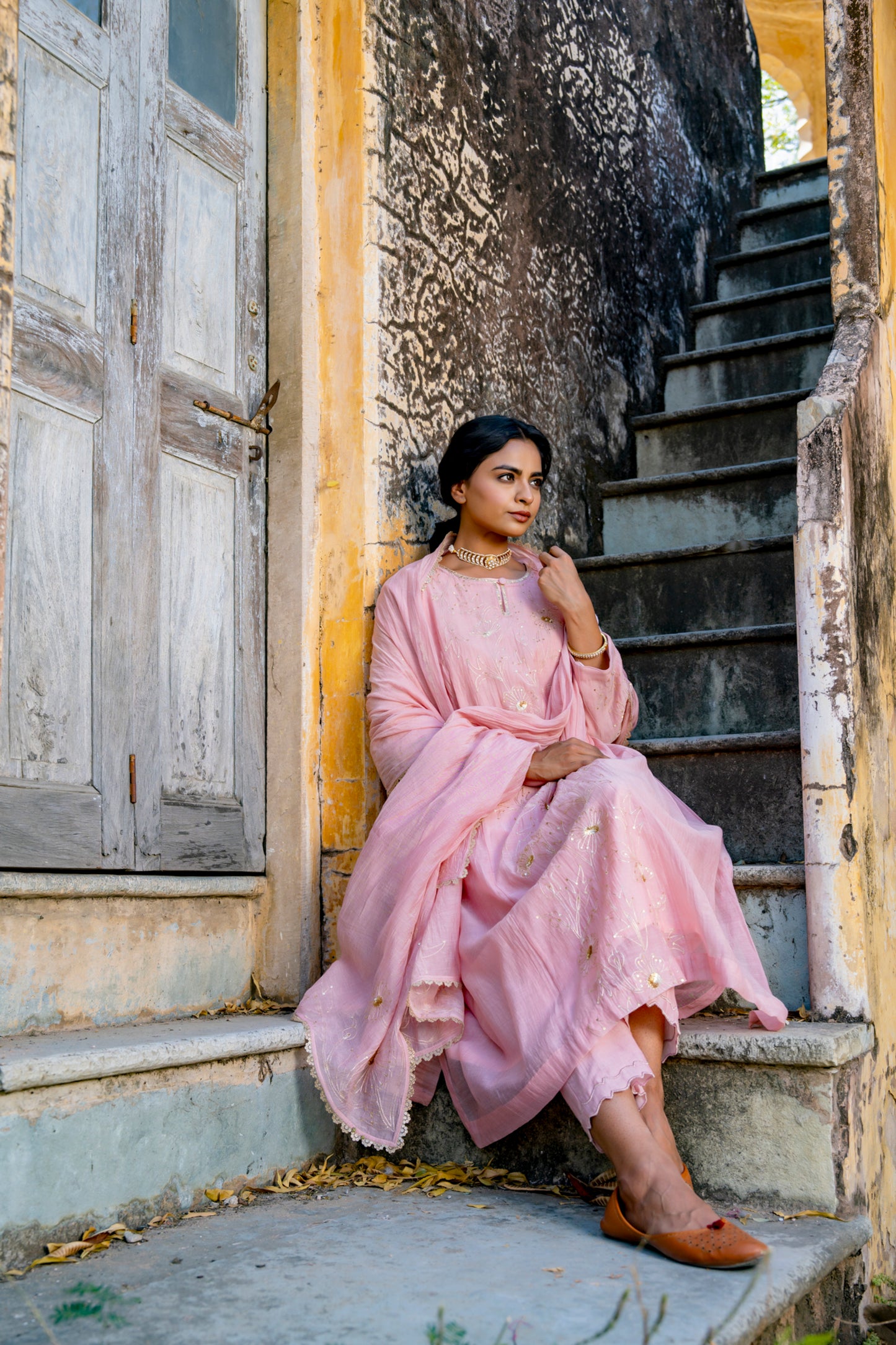 Light Pink Pittan and Jaal work Mul Chanderi Kurta Set