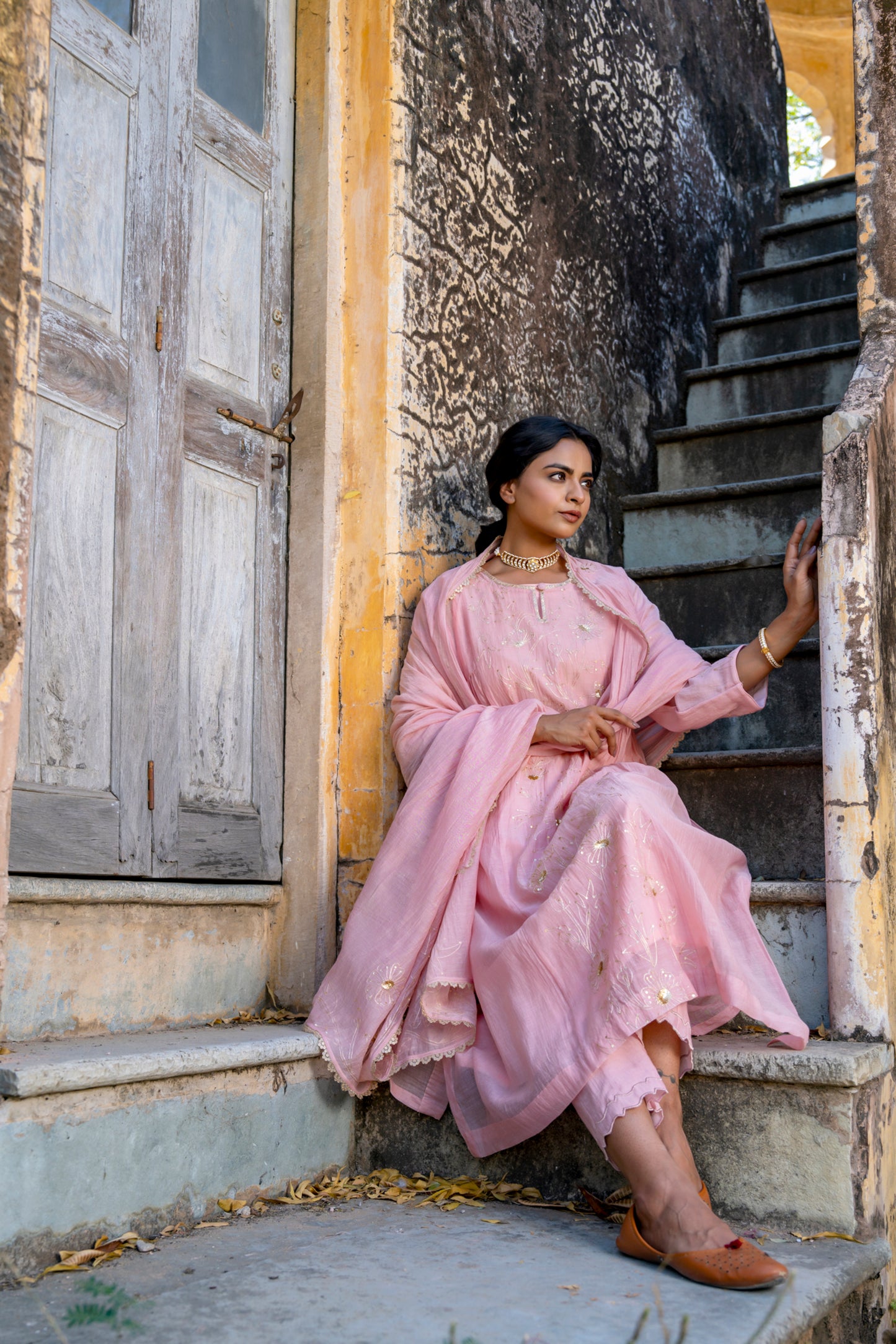 Light Pink Pittan and Jaal work Mul Chanderi Kurta Set