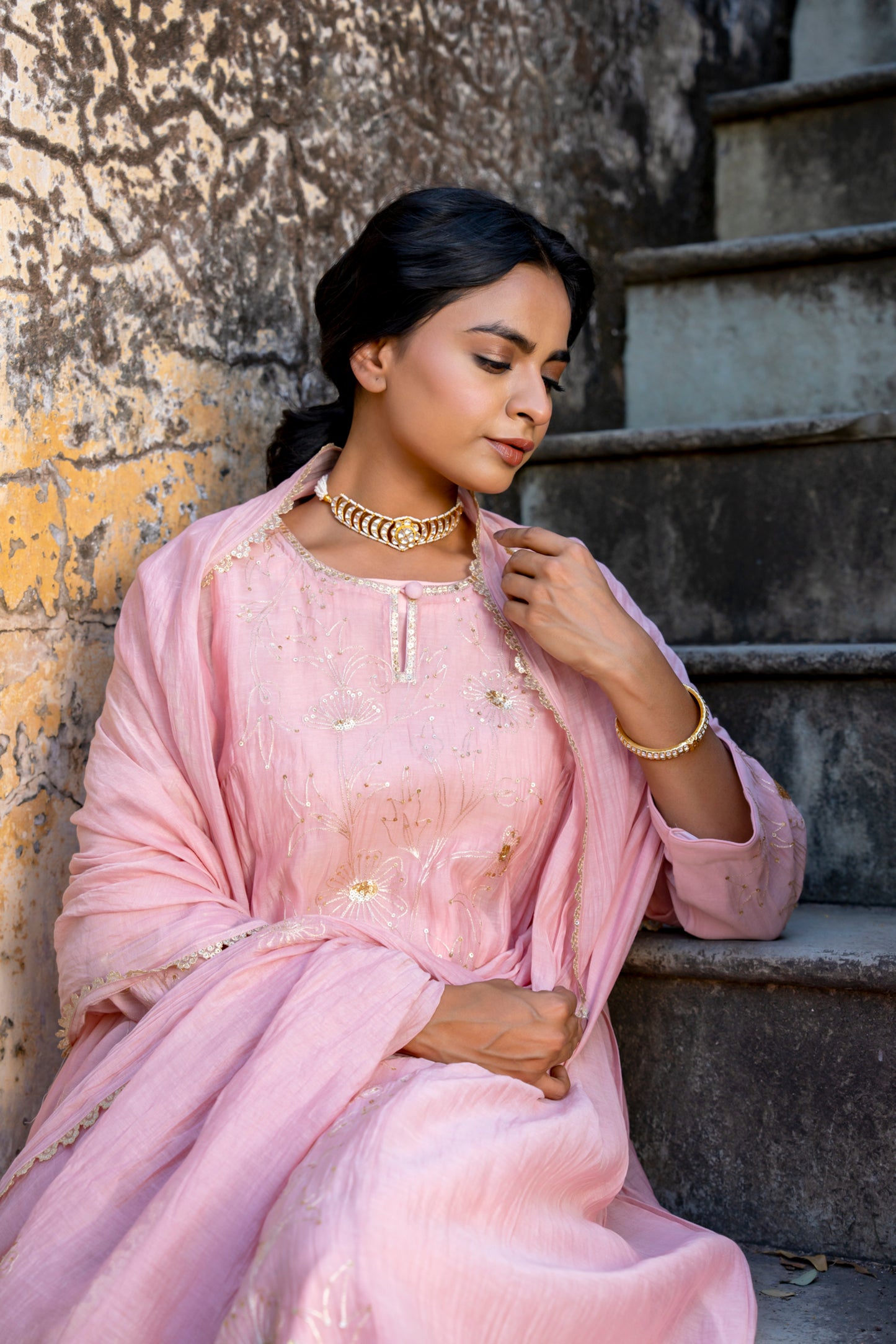 Light Pink Pittan and Jaal work Mul Chanderi Kurta Set