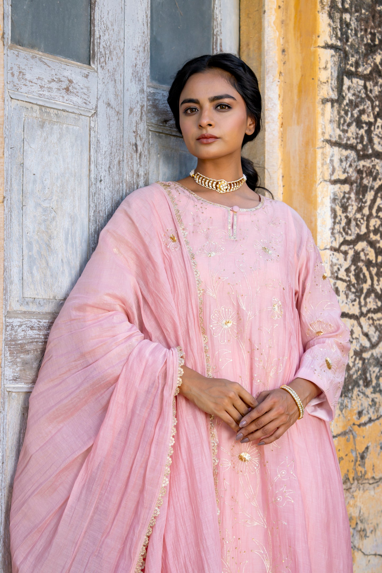 Light Pink Pittan and Jaal work Mul Chanderi Kurta Set