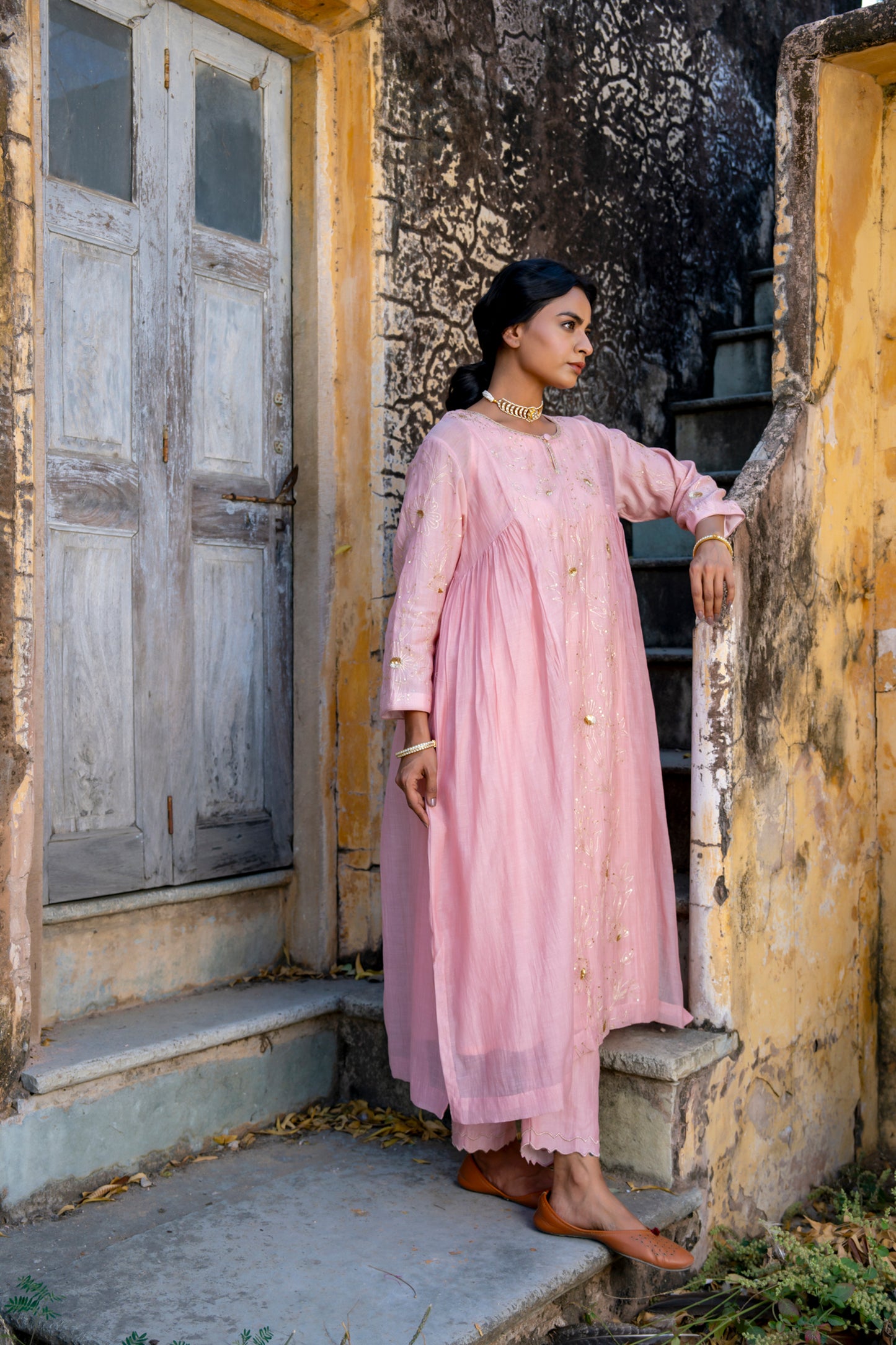 Light Pink Pittan and Jaal work Mul Chanderi Kurta Set
