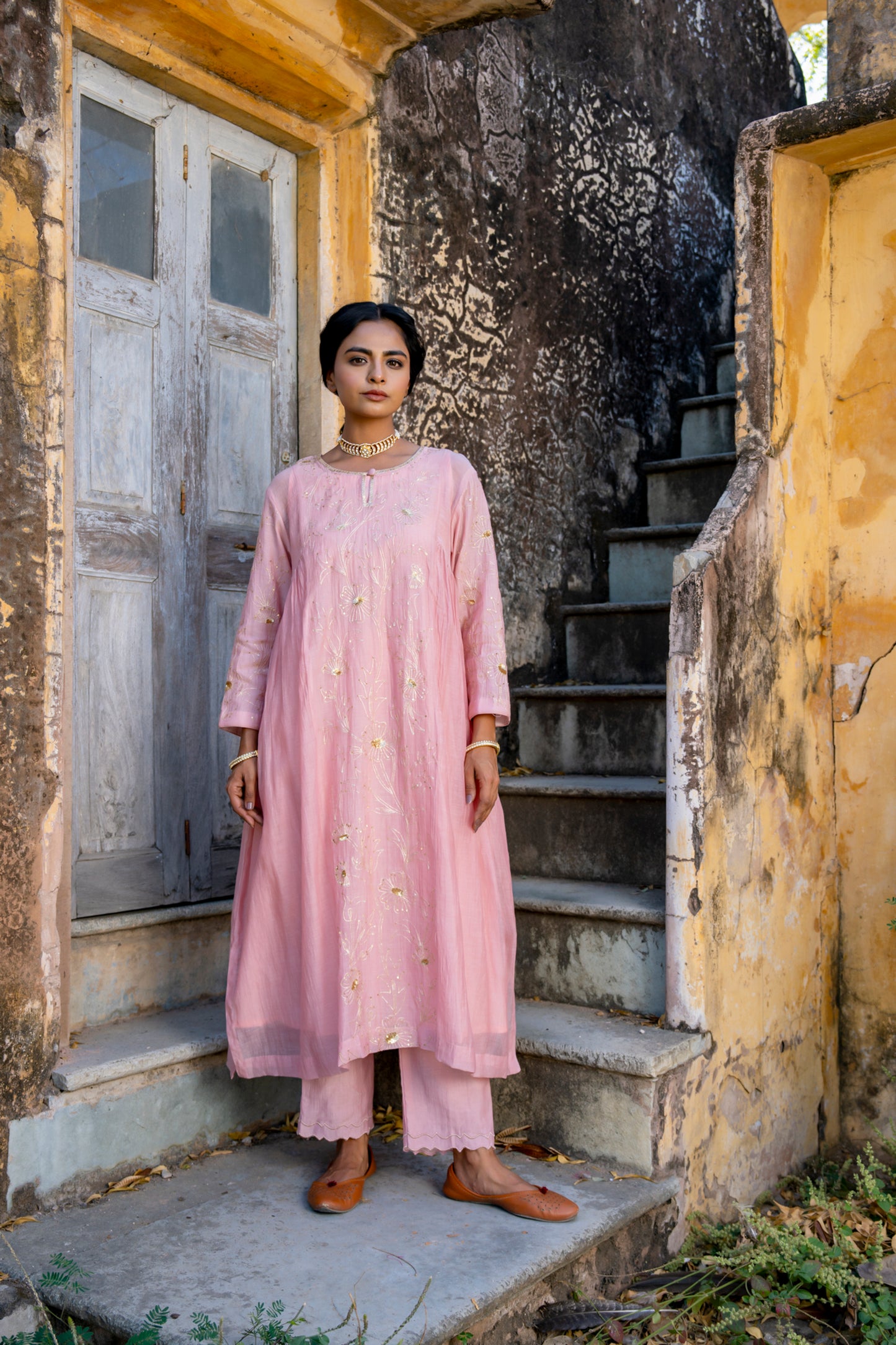 Light Pink Pittan and Jaal work Mul Chanderi Kurta Set