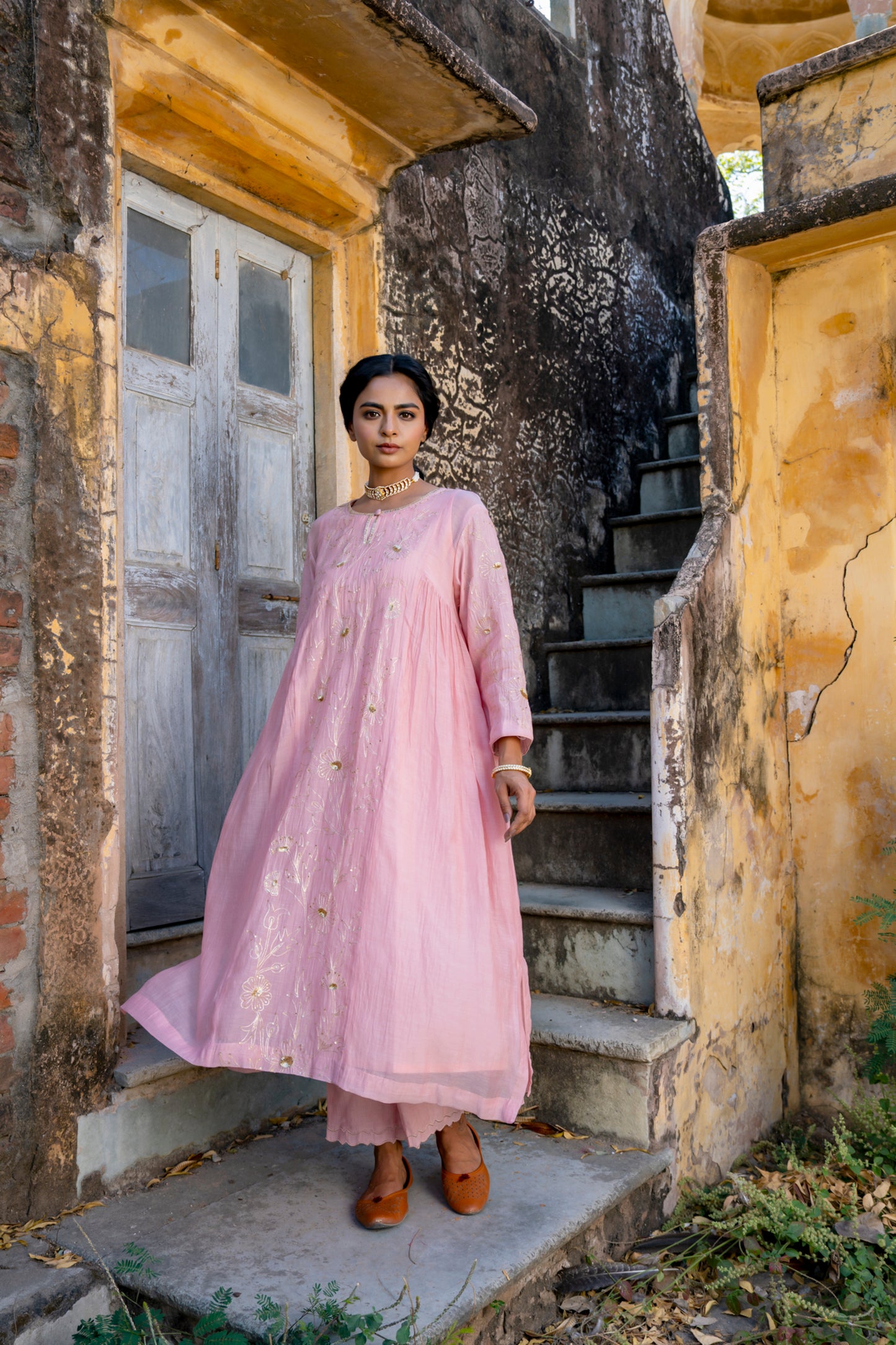 Light Pink Pittan and Jaal work Mul Chanderi Kurta Set