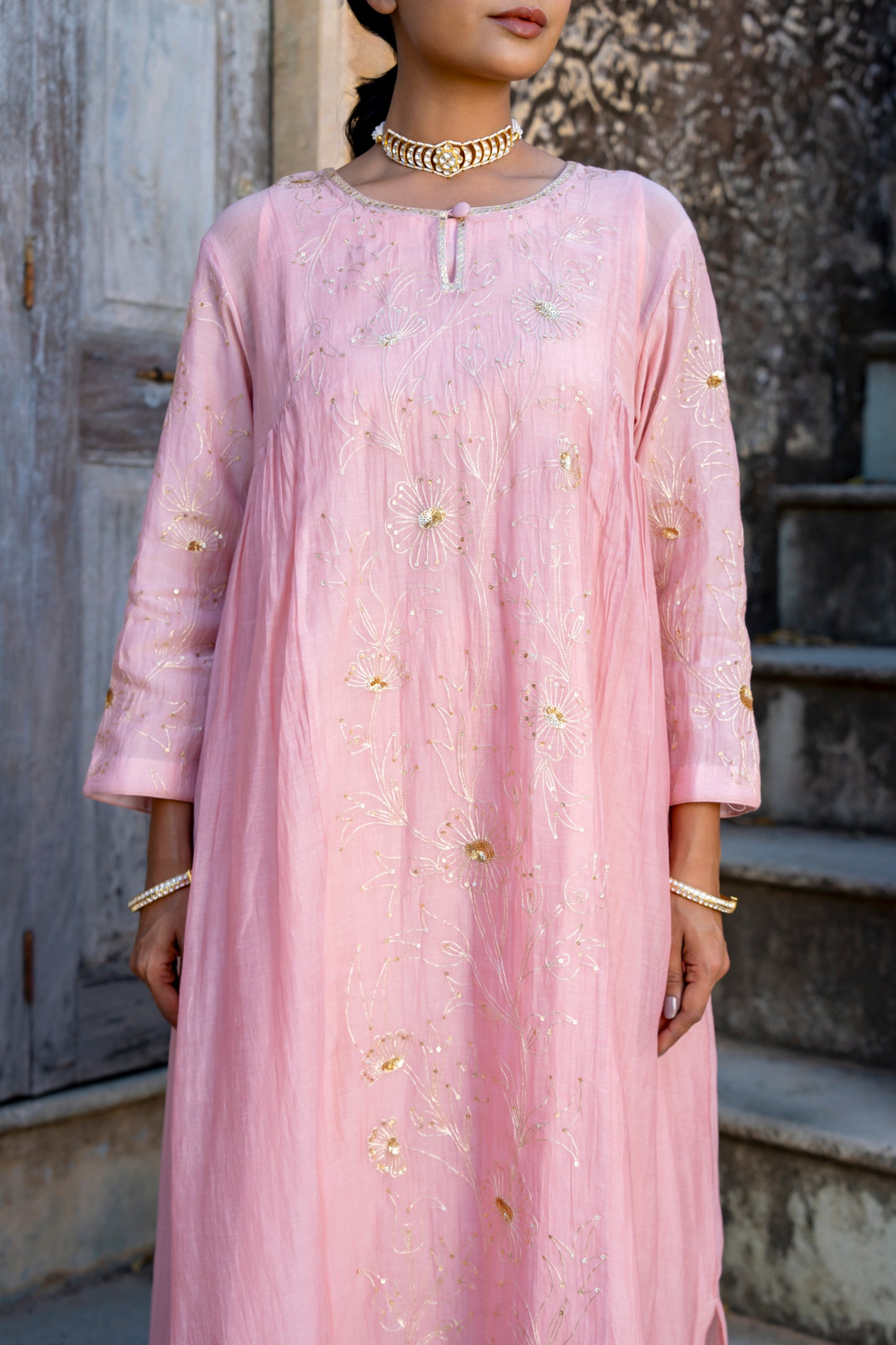 Light Pink Pittan and Jaal work Mul Chanderi Kurta Set
