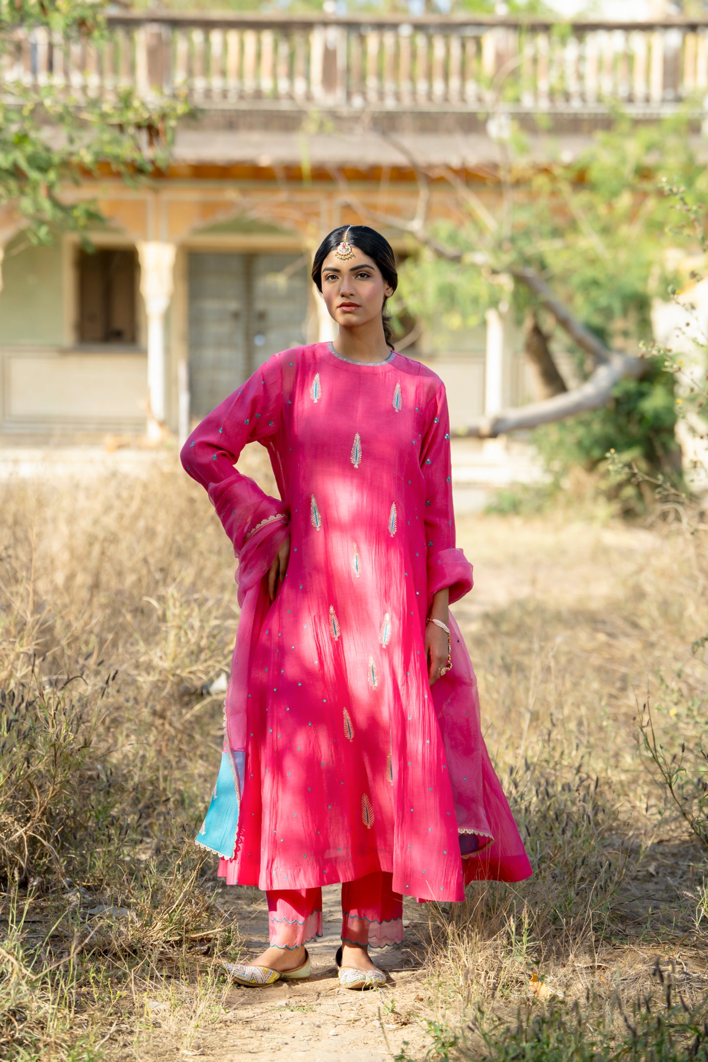 Fuschia Mul Chanderi Kurta Set with Pitta Motifs