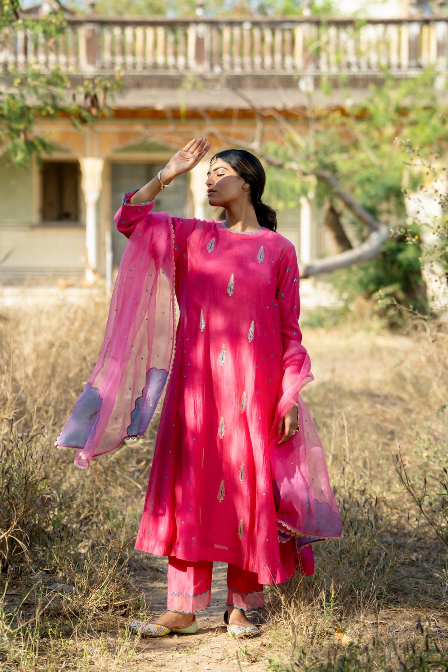 Fuschia Mul Chanderi Kurta Set with Pitta Motifs